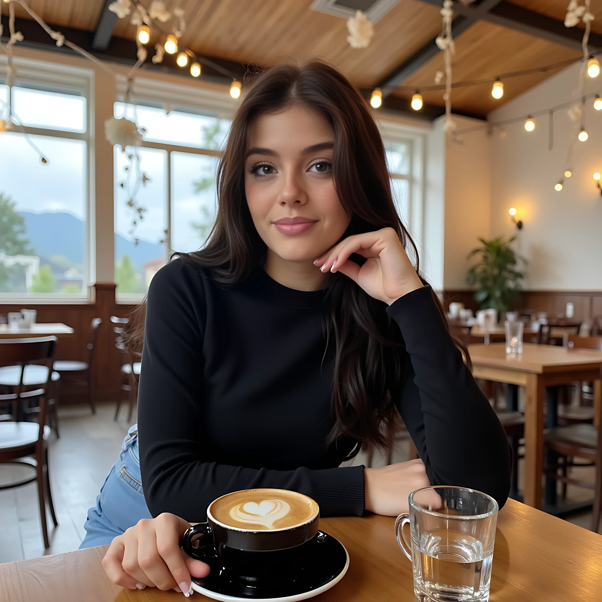 CSTMDL,young woman, long straight brunette hair, black long sleeve crop top, light blue high-waisted jeans, selfie in a café, cozy interior, wooden ceiling, large windows, daylight, hanging white floral decorations, hanging fairy lights, cappuccino with heart-shaped latte art, black saucer, small glass of water, natural smile, pose with head resting on hand, aesthetic Instagram style, warm soft lighting, realistic details, slight bokeh in background, modern girly lifestyle vibe