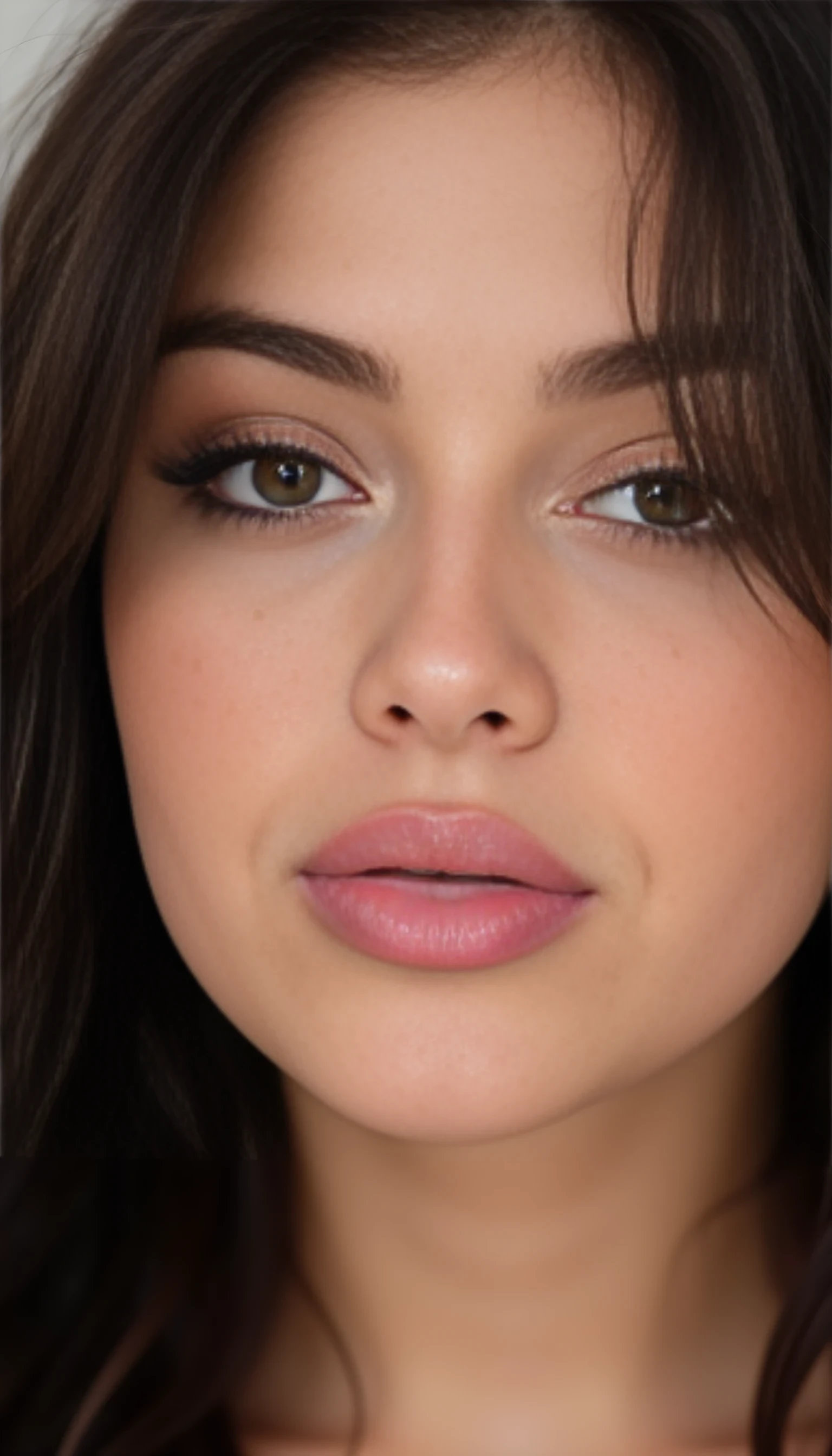 CSTMDL, 19 year old woman, 160cm tall, C cups, wavy dark brown hair framing face, softly arched full brows, hazel-brown eyes, long curled lashes, subtle bronze eyeshadow, gentle highlight on brow bone, straight slender nose with soft bridge, full heart-shaped lips with glossy rose tint, natural pink blush on apples of cheeks, faint freckles across nose, defined cheekbones with subtle contour, soft jawline tapering to delicate chin, slight chin dimple, natural skin texture with minimal pores, warm soft glow, high-resolution facial detail.

medium close shot of her titties