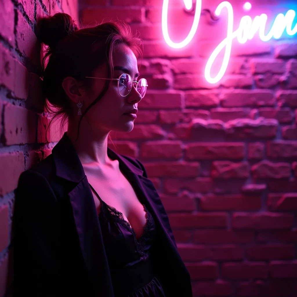 CSTMDL woman, low boring quality image, very flirty vibe. A cinematic night portrait of a woman in a black satin slip dress with lace accents, oversized blazer draped over her shoulders. Her messy bun and clear glasses reflect pink and blue neon lights from a nearby sign. She leans casually against a brick wall, her lips curved into a sly smile.
