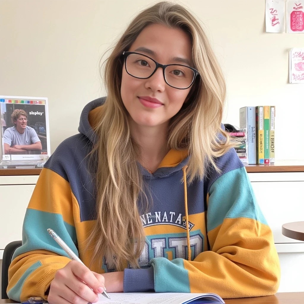Use our Model Sydney. She is sitting at her desk studying for her upcoming test in an oversized hoodie, panties, and a pair of big glasses on. Use Sydneys face and body. 