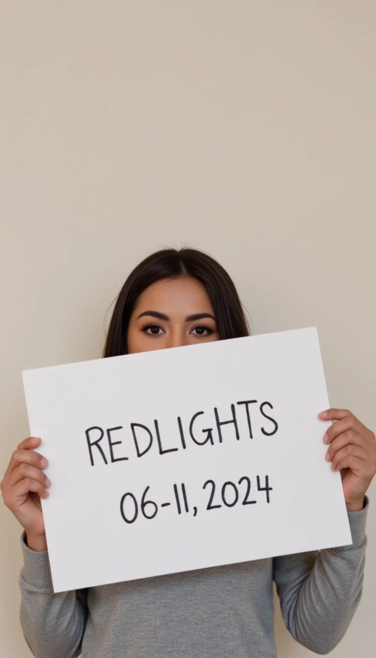 photo of woman CSTMDL, casual photo taken on an iPhone, woman holds a sign with handwritten text. She is wearing long sleeves and has neutral makeup. The sign reads "REDLIGHTS" followed by "06/11/2024" in a simple script. The background is a plain, light-colored wall, providing a minimalist and uncluttered setting.