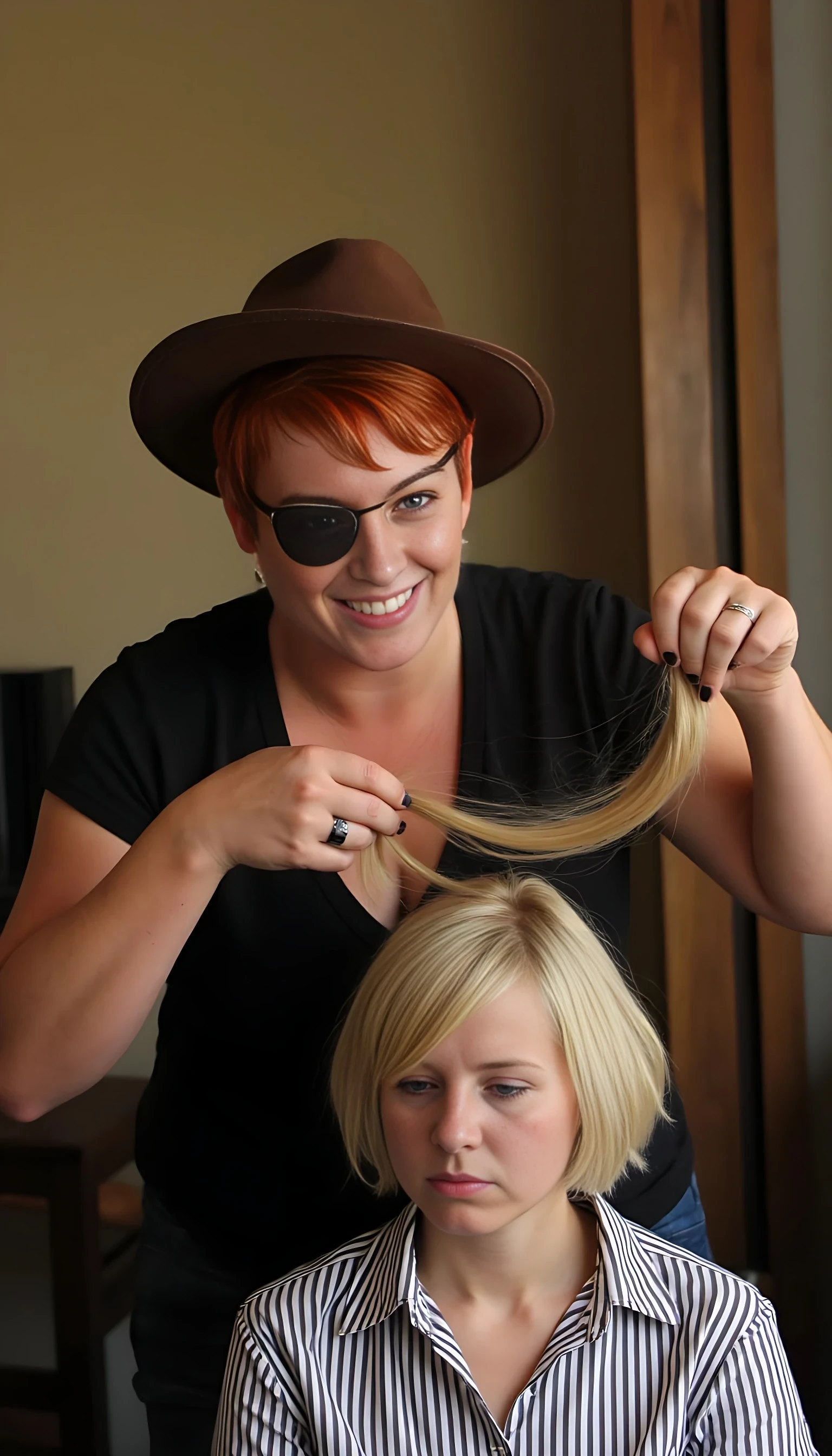 A short natural redhead pixie cut on a women. An eye patch on the just the left eye covering it. A brown cowboy hat. Playful smile. Realistic high quality photo. A short hair blonde sits on a chair. Her hair has just been cut off and she is upset. The redhead holds the blonde woman’s hair in her hand showing her the hair.