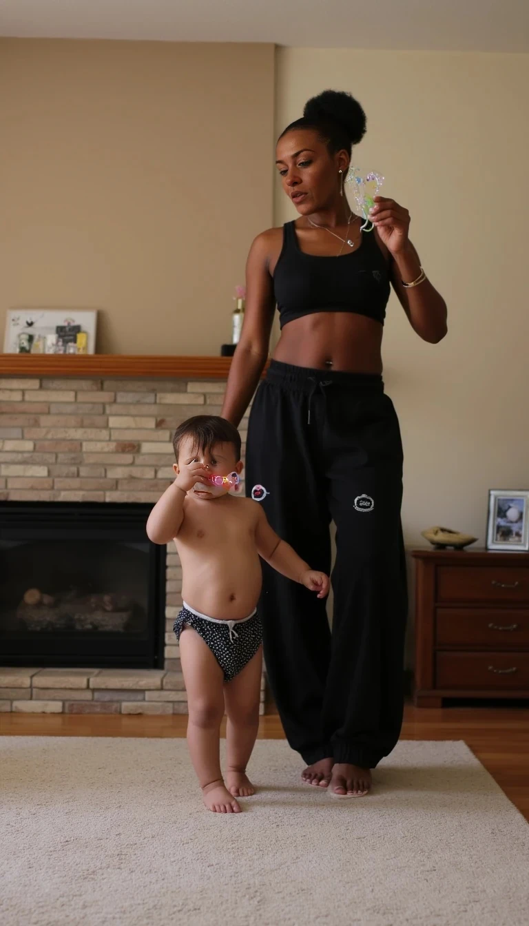 Brown skinned female standing in her living room. Black sweats and black sports bra. Her 10 month old son walking around blowing bubbles with his spit