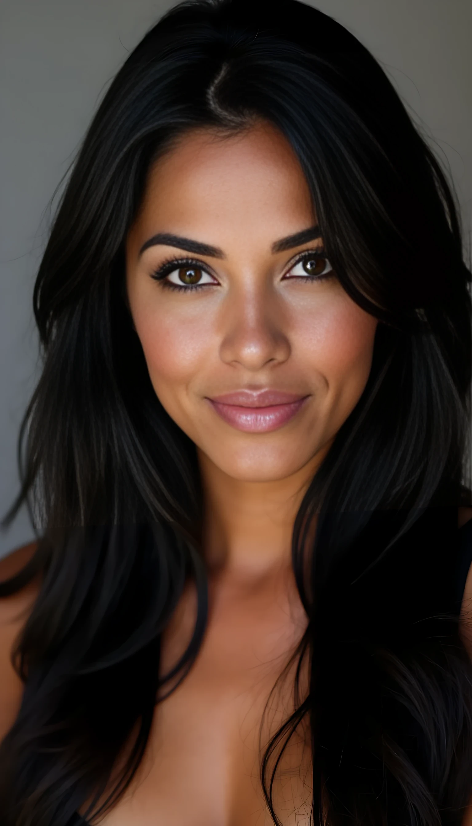 A portrait photo of a beautiful 43 years old model, mixed ethnicity of half white American half Brazilian, with jet black hair, deep brown eyes, ultra detailed eyes with sharp iris reflections, slight smile, studio-quality, extremely realistic HD