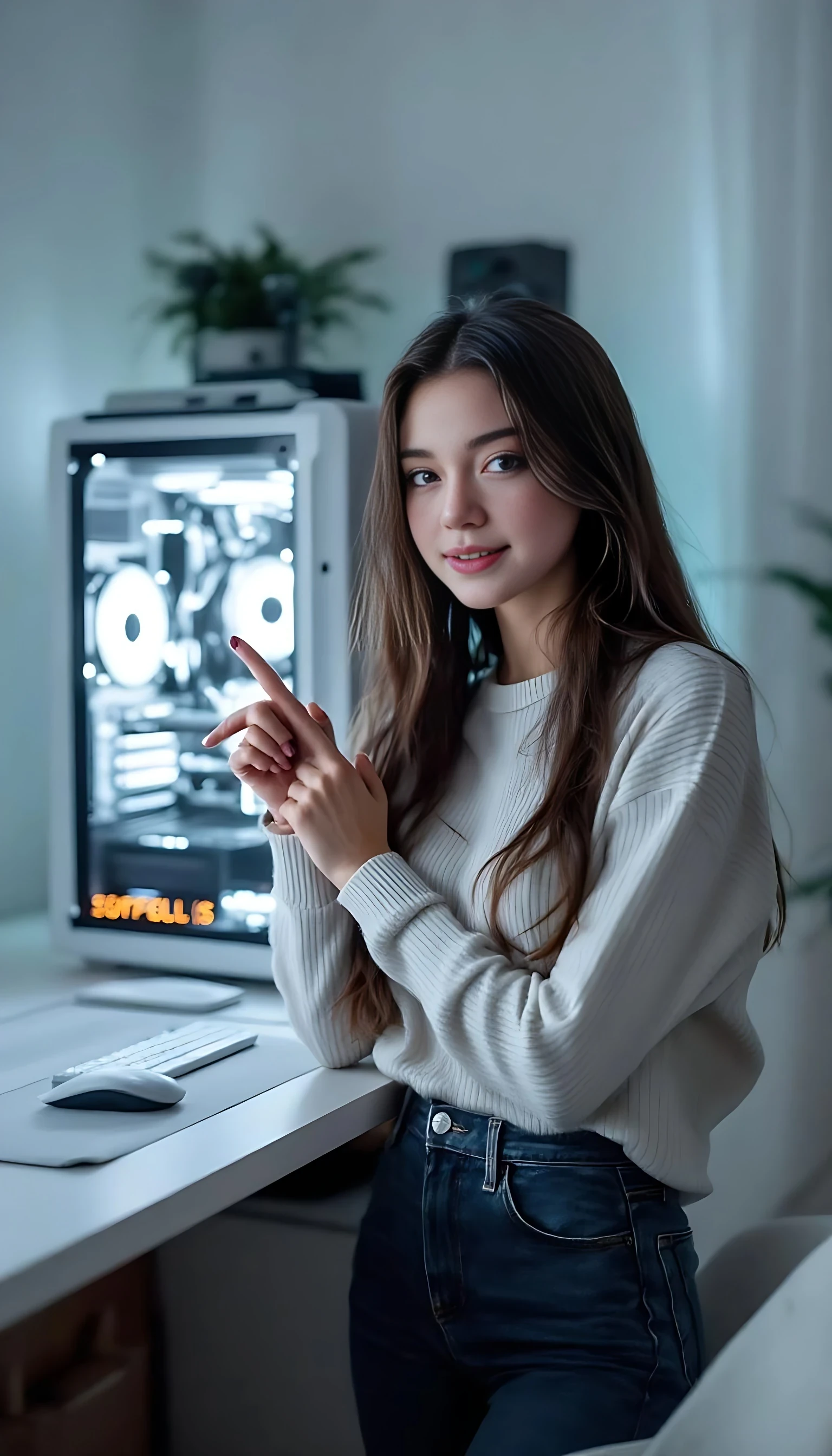 Young woman standing beside her full white gaming setup, pointing at the white PC tower with pride, clean and minimal desk, soft white lights fill the room – confident expression.

negative prompt:  blurry, low resolution, low quality, distorted face, extra limbs, extra fingers, missing fingers, deformed hands, unnatural skin texture, overexposed, underexposed, bad anatomy, disfigured, mutated, duplicate face, fused limbs, exaggerated features, unrealistic eyes, anime style, cartoon, doll-like, glitch, watermark, text, logo, grain, noisy background, jpeg artifacts, lens distortion, fisheye,deformed hands, extra fingers, missing fingers, double face, bad anatomy, blurry face, disfigured, bad proportions, low quality, artifact, mutated limbs, asymmetrical eyes, face distortion, incorrect lighting, extra limbs

