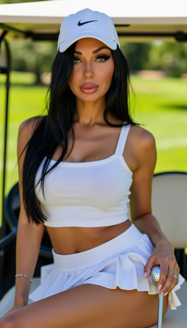 A gorgeous female model with long black hair and bright blue eyes poses playfully on a sleek golf cart parked on a lush green course. She’s wearing a sexy, sporty golf outfit — a short pleated skirt, fitted polo top, and a visor. One leg is casually crossed as she leans back in the cart, holding a golf club with confidence. The scene has a glamorous, sunlit vibe, with vibrant green grass and the course stretching out behind her. Professional fashion shoot style, crisp detail, soft golden lighting.