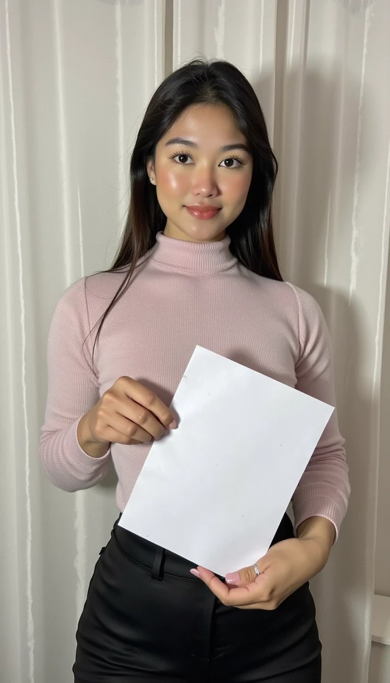 photo of woman CSTMDL, low quality photo, holding a piece of white paper, realistic photo, long sleeve clothes, upper body photo, wall background