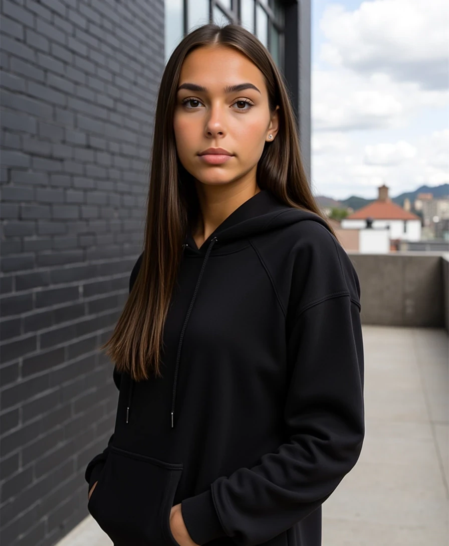 picture of a CSTMDL
Big tits. Large ass. No hip dips. Fit. Wide hips.
She is an 18-year-old girl with long, smooth, medium-dark brown hair (straight to slightly wavy), parted near the center. Her eyes are large, almond-shaped, and warm brown with full lashes and arched brows. She has an hourglass figure: height ~64 in, bust 36 in (28 in underbust), waist 24 in, hips 39 in. Bust is full and projected, waist narrow and flat, hips broad and rounded with lifted glutes. Thighs are full (~24 in), tapering to proportional calves. Arms are slim (~9 in upper arm), shoulders softly broad and balanced with hips. Neck medium, torso compact with a narrow ribcage, legs long relative to torso. Posture upright with mild anterior pelvic tilt. Skin is smooth, lightly tanned, and even-toned.
Scene/Background:
The photo is taken outdoors against an urban backdrop. A black brick wall runs along the left side, and part of a building with large reflective windows extends above. In the background, rooftops and a partly cloudy sky are visible, adding depth and context.

Pose & Camera Angle:
The subject is facing directly into the camera in a close-up shot. Her hood is up, framing her face, with her expression calm and slightly serious. The camera angle is straight-on at eye level, making the image feel direct and personal.

Outfit & Accessories:
She is wearing a black hoodie, the hood drawn forward to frame her face. The hoodie fabric appears soft and structured, with visible stitching and drawstrings adding casual detail. No other accessories are immediately visible, keeping the look minimal and urban.

Lighting:
Natural daylight brightens the image, with soft shadows giving subtle depth around the hood and facial contours. The even, cool-toned light works with the outdoor environment, balancing the darker hoodie with the brighter sky and surroundings.

Mood/Vibe:
The overall mood is casual, urban, and understated. The dark hoodie against the city backdrop creates a streetwear-inspired look, while the neutral expression adds a touch of raw, candid energy. The composition feels authentic and modern, aligning with everyday city style.
