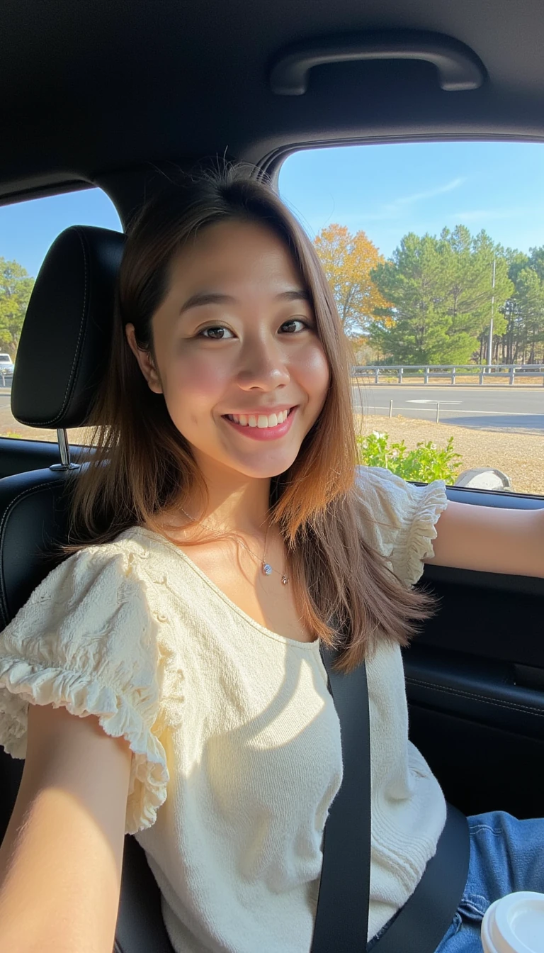 boring low quality snapchat photo circa 2015, A young Asian- Caucasian mix woman with a warm smile, sitting in the driver's seat of a cozy car. She has soft, wavy brown hair cascading past her shoulders. The sunlight streams through the window, casting a gentle glow on her face. The interior of the car is neat and comfortable, with a coffee cup in the cup holder and a small plant on the dashboard. The background outside the window shows a scenic road lined with trees and blue skies