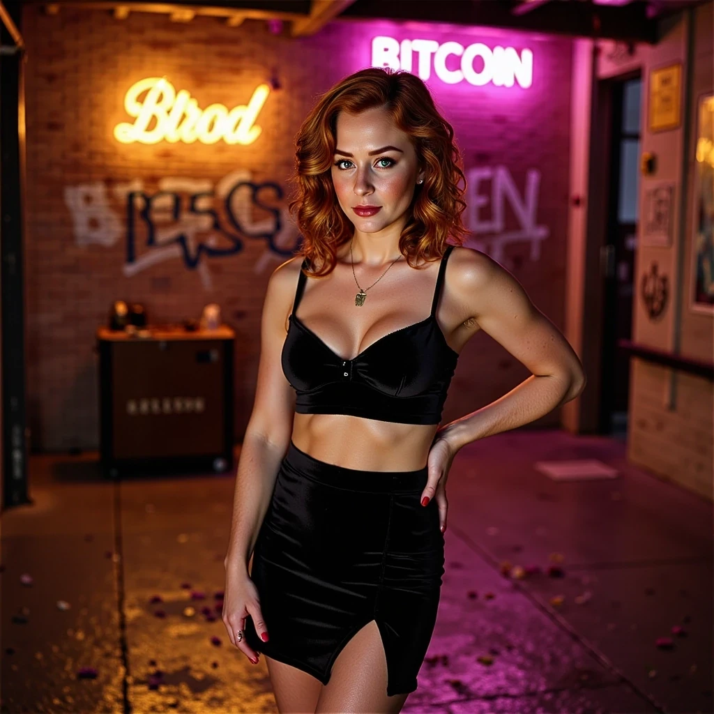 CSTMDL is athletic and curvy, 5'6", with DDD breasts, green eyes, and perfectly shaped pupils. Her hairstyle is bright copper-red, short and wavy, 5 inches below her shoulders. Her red eyebrows and glam makeup — gold shimmer eyeshadow, bold winged eyeliner, and glossy deep red lips — pop against the city shadows.

CSTMDL poses confidently in a black velvet two-piece outfit: a bralette-style crop top and a high-slit skirt. She wears gold heels and deep red nails. Her body is turned slightly, one hand teasing the edge of her skirt. She stares directly into the camera with a seductive, confident expression.

Behind CSTMDL, a neon BITCOIN symbol sign glows softly in warm amber and pink hues, casting color over the brick wall and graffiti around her. The pavement beneath her is wet, catching city light reflections. Rose petals are scattered at her feet.

Shot on a Canon EOS R5, 50mm f/1.2L lens, ISO 200, f/1.2, 1/250 shutter. Ultra-realistic 8K quality with dramatic contrast, moody cinematic lighting, and shallow depth of field.