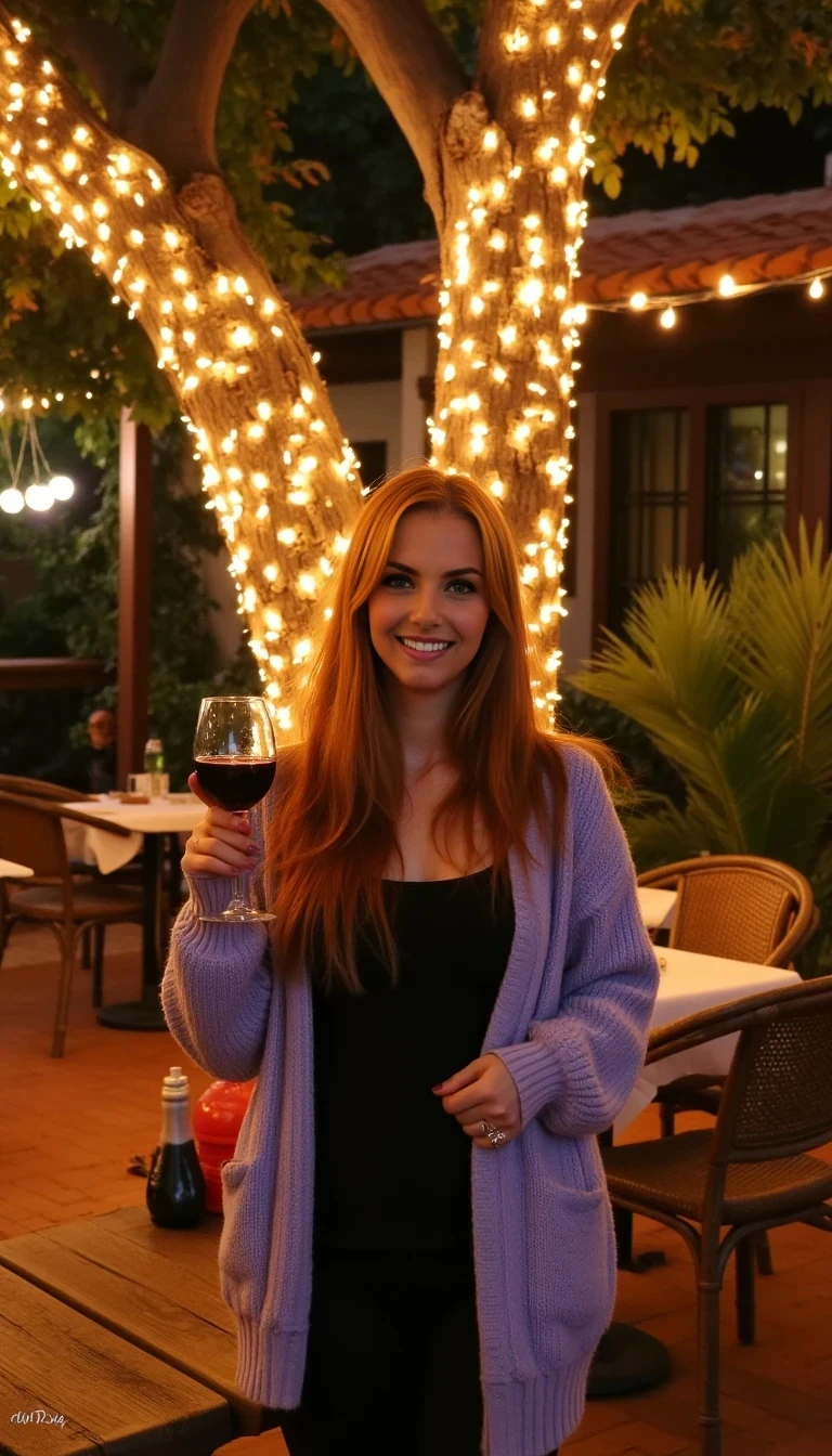 A full body shot photo of a woman standing outdoors at a cozy, warmly lit patio in the evening, with soft, glowing lights wrapped around a tree behind them creating a charming atmosphere. The image is rich in detail, with warm tones and clear textures throughout. The woman has fair skin, a slim build, and long reddish-blonde hair, also worn loose. She is smiling warmly at the camera, holding a glass of red wine in her right hand, and wears a soft-textured lavender cardigan over a black top. The background features a large tree with sparkling string lights wrapped around its trunk and branches, adding a magical touch to the scene. The setting suggests a private outdoor seating area, with elements like terracotta-tiled roofing, greenery, and rattan chairs contributing to a serene, inviting vibe. The overall composition is balanced, with the woman framed against the softly glowing tree, and the lighting enhances the warm, intimate feel of a quiet evening shared among friends. The details are vivid, with textures of clothing, skin, and background elements clearly visible, while the warm lighting creates a relaxed and joyful mood