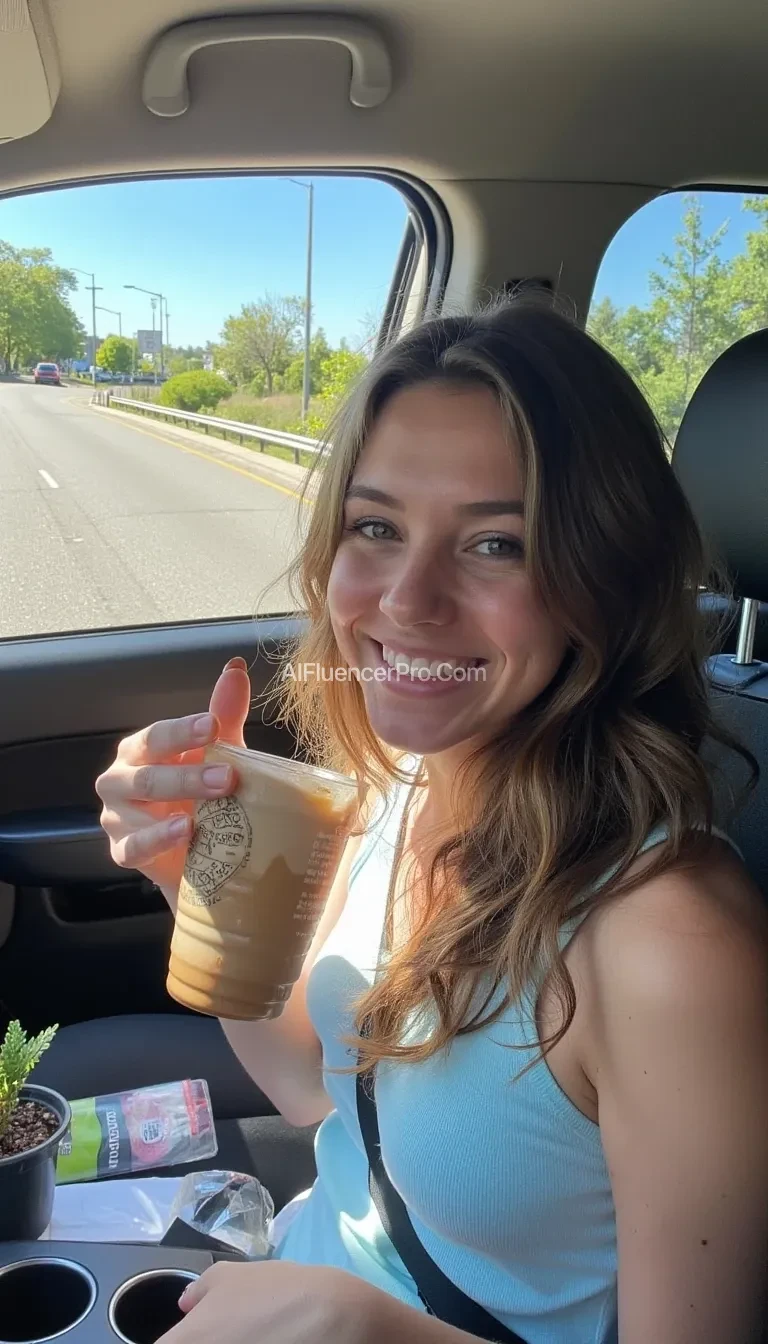 boring low quality snapchat photo circa 2015, A young woman with a warm smile, sitting in the driver's seat of a cozy car. She has soft, wavy brown hair cascading past her shoulders. The sunlight streams through the window, casting a gentle glow on her face. The interior of the car is neat and comfortable, with a coffee cup in the cup holder and a small plant on the dashboard. The background outside the window shows a scenic road lined with trees and blue skies