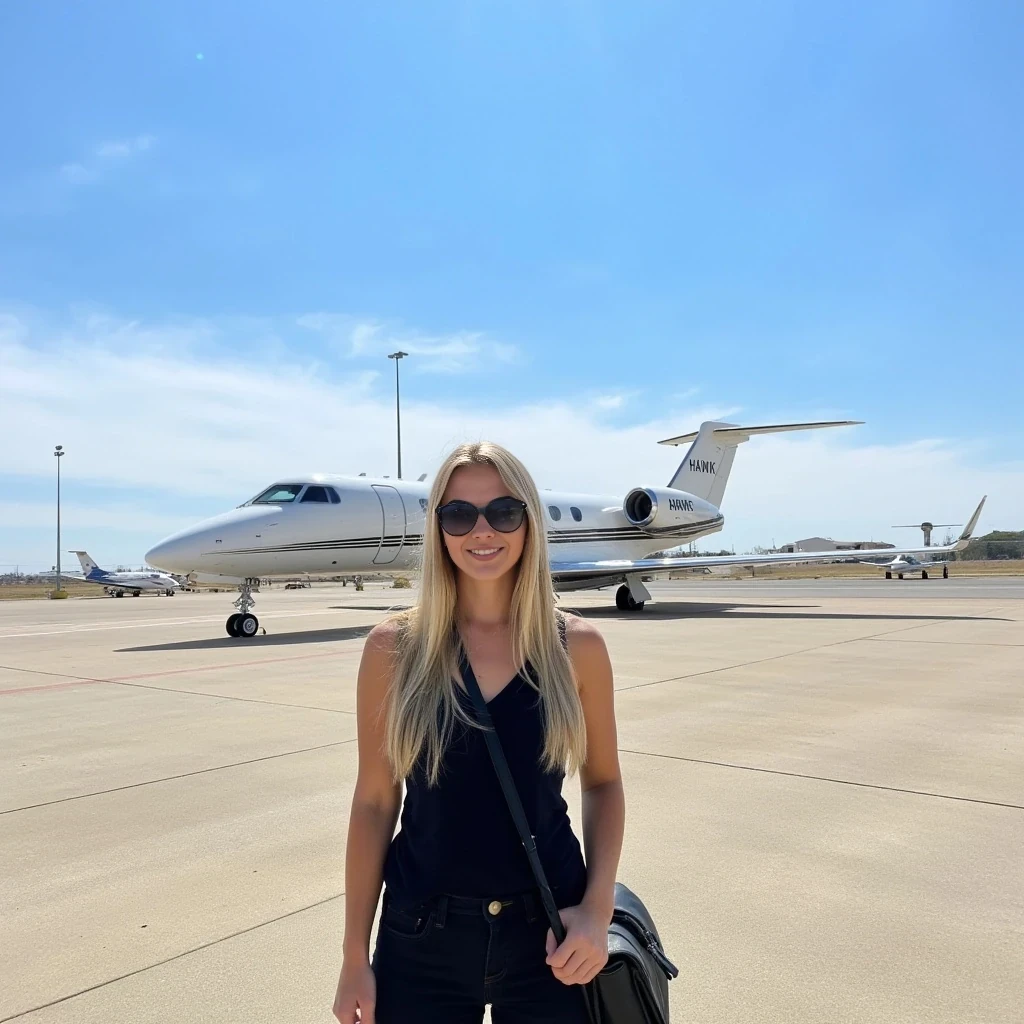 The image is a photograph featuring a young woman standing on a tarmac in front of a large private jet. The woman, positioned in the foreground, has long, straight, soft long blonde hair that cascades over her shoulders. She is wearing a black sleeveless top and black pants, with a black handbag slung over her shoulder. She also wears large, dark sunglasses, giving her a stylish, casual appearance. Her skin is fair, and she has a fit physique.

The private jet, located in the background, is a sleek, white aircraft with a black stripe running along its side. It has two engines mounted on the wings, and its tail features the word "HAWK" in black lettering. The jet is parked on a wide, smooth tarmac that extends into the distance, with faint runway markings visible.

The sky above is clear with a few wispy clouds, indicating a bright, sunny day. In the far background, there are additional smaller aircraft, indicating an airport setting. There are also tall, slender light poles and a few buildings visible, suggesting that the airport is in a more developed area. The overall mood of the image is one of luxury and travel.