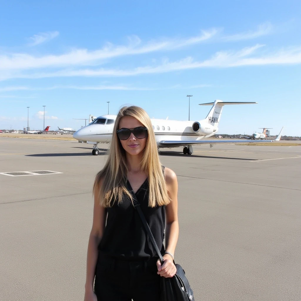 The image is a photograph featuring a young woman standing on a tarmac in front of a large private jet. The woman, positioned in the foreground, has long, straight, soft long blonde hair that cascades over her shoulders. She is wearing a black sleeveless top and black pants, with a black handbag slung over her shoulder. She also wears large, dark sunglasses, giving her a stylish, casual appearance. Her skin is fair, and she has a fit physique.

The private jet, located in the background, is a sleek, white aircraft with a black stripe running along its side. It has two engines mounted on the wings, and its tail features the word "HAWK" in black lettering. The jet is parked on a wide, smooth tarmac that extends into the distance, with faint runway markings visible.

The sky above is clear with a few wispy clouds, indicating a bright, sunny day. In the far background, there are additional smaller aircraft, indicating an airport setting. There are also tall, slender light poles and a few buildings visible, suggesting that the airport is in a more developed area. The overall mood of the image is one of luxury and travel.