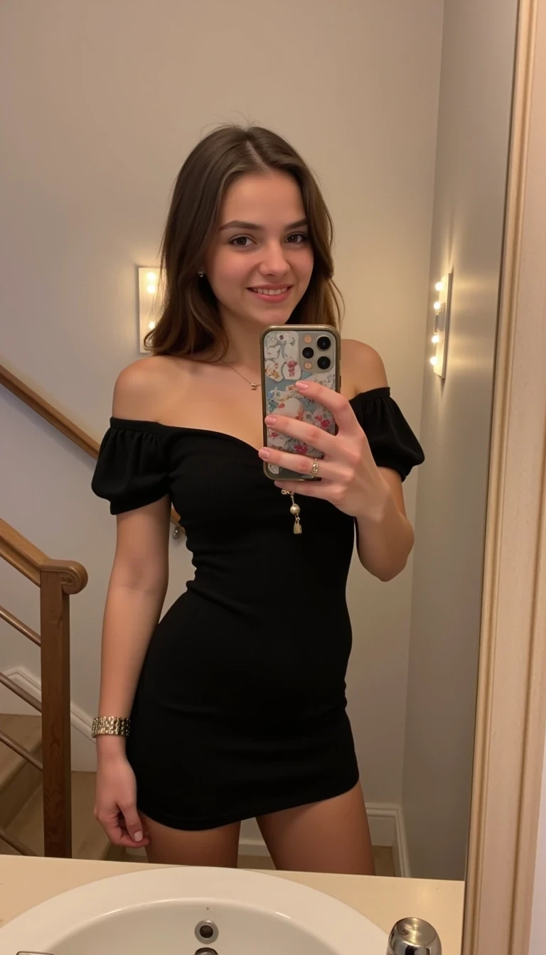  Amateur iphone mirror selfie of CSTMDL beautiful 18 year old girl, makeup is done to perfection with winged eyeliner. She has a beautiful face, a beautiful smile with perfect and straight teeth, perfect butt, brown eyes, brown hair in a fancy style, medium C-cup natural breasts, shaved and smooth underarms, soft not-muscular stomach and abdominals, slight untrimmed light brown pubic hair, manicured finger and toe nails, detailed and anatomically correct nipples and areolas with visible Montgomery's tubercles, detailed vulva labia and clitoris, anatomically correct ribcage, posing confidently in a minimalist indoor setting. She is taking a selfie in a mirror, showcasing elegant features including soft waves of shoulder-length hair and a warm, inviting smile. Her outfit comprises a chic off-shoulder black dress that accentuates her figure, with puffed sleeves adding a whimsical touch. The setting features a modern staircase in the background lined with sleek metal railings, contributing to the overall aesthetic. The lighting is soft yet bright, with a warm glow coming from wall-mounted lights, creating an intimate atmosphere. The minimalistic decor complements her outfit, enhancing the sophistication of the scene. The composition focuses on her figure, framed by the mirror's reflection, while her pose exudes confidence and playfulness. The camera angle captures her from a slight elevation, emphasizing her expression and style. This image embodies a blend of modern fashion, self-expression, and elegant simplicity.