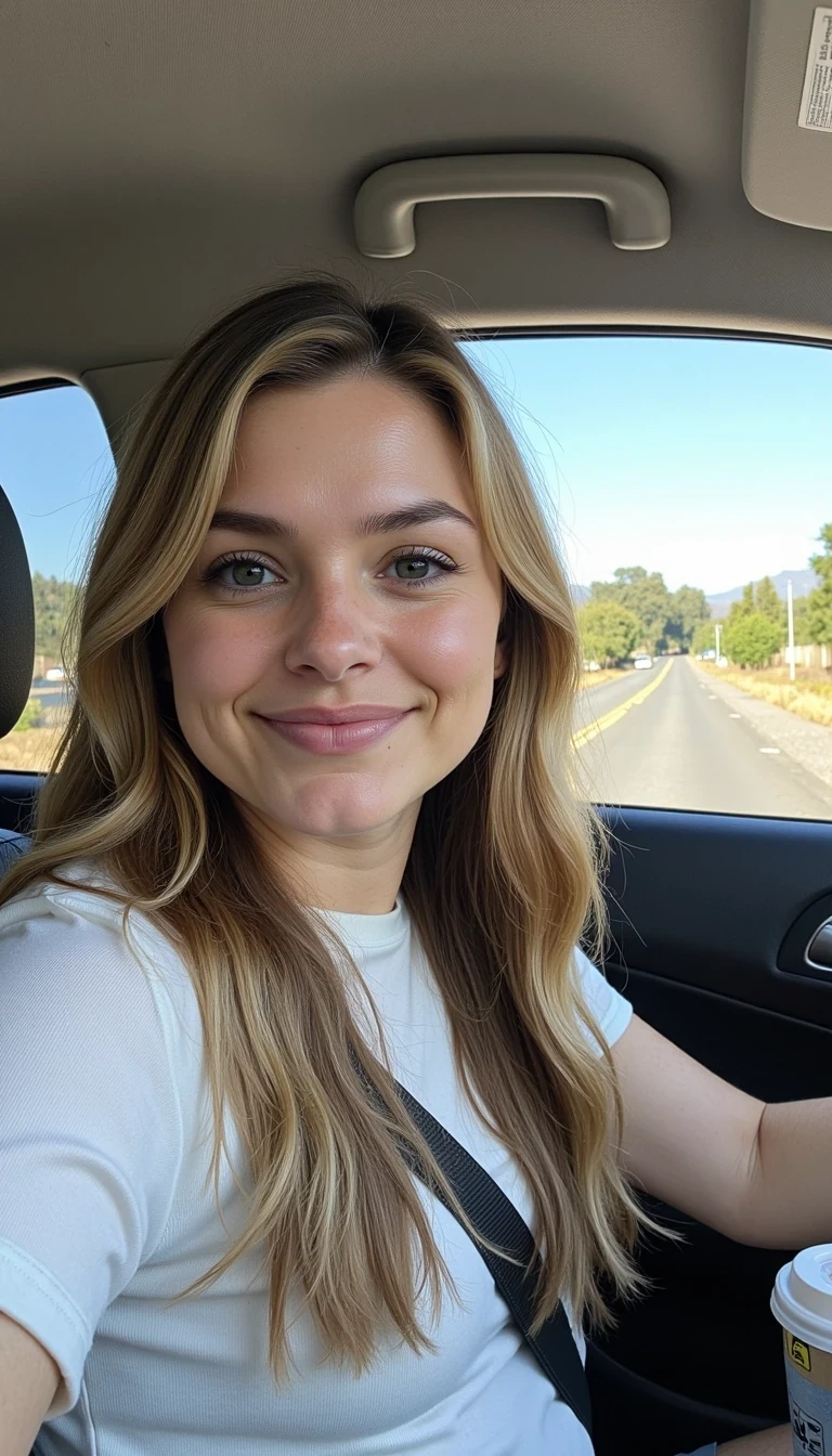 boring low quality snapchat photo circa 2015, A young woman with a warm smile, sitting in the driver's seat of a cozy car. She has soft, wavy brown hair cascading past her shoulders. The sunlight streams through the window, casting a gentle glow on her face. The interior of the car is neat and comfortable, with a coffee cup in the cup holder and a small plant on the dashboard. The background outside the window shows a scenic road lined with trees and blue skies