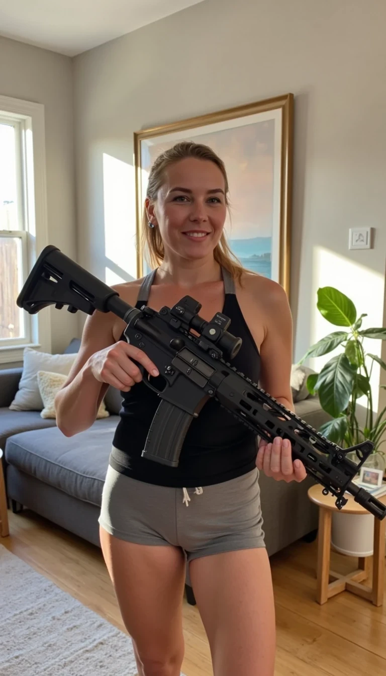 A low quality snapchat selfie photo of CSTMDL standing in her modern living room, holding an AR-15 rifle safely and confidently. She’s wearing casual athletic clothes, like fitted shorts and a tank top. The lighting is warm and natural from nearby windows, showing a cozy, stylish home with a couch, plants, and wall art in the background. The focus is on her calm, empowered presence and the detailed realism of the environment.