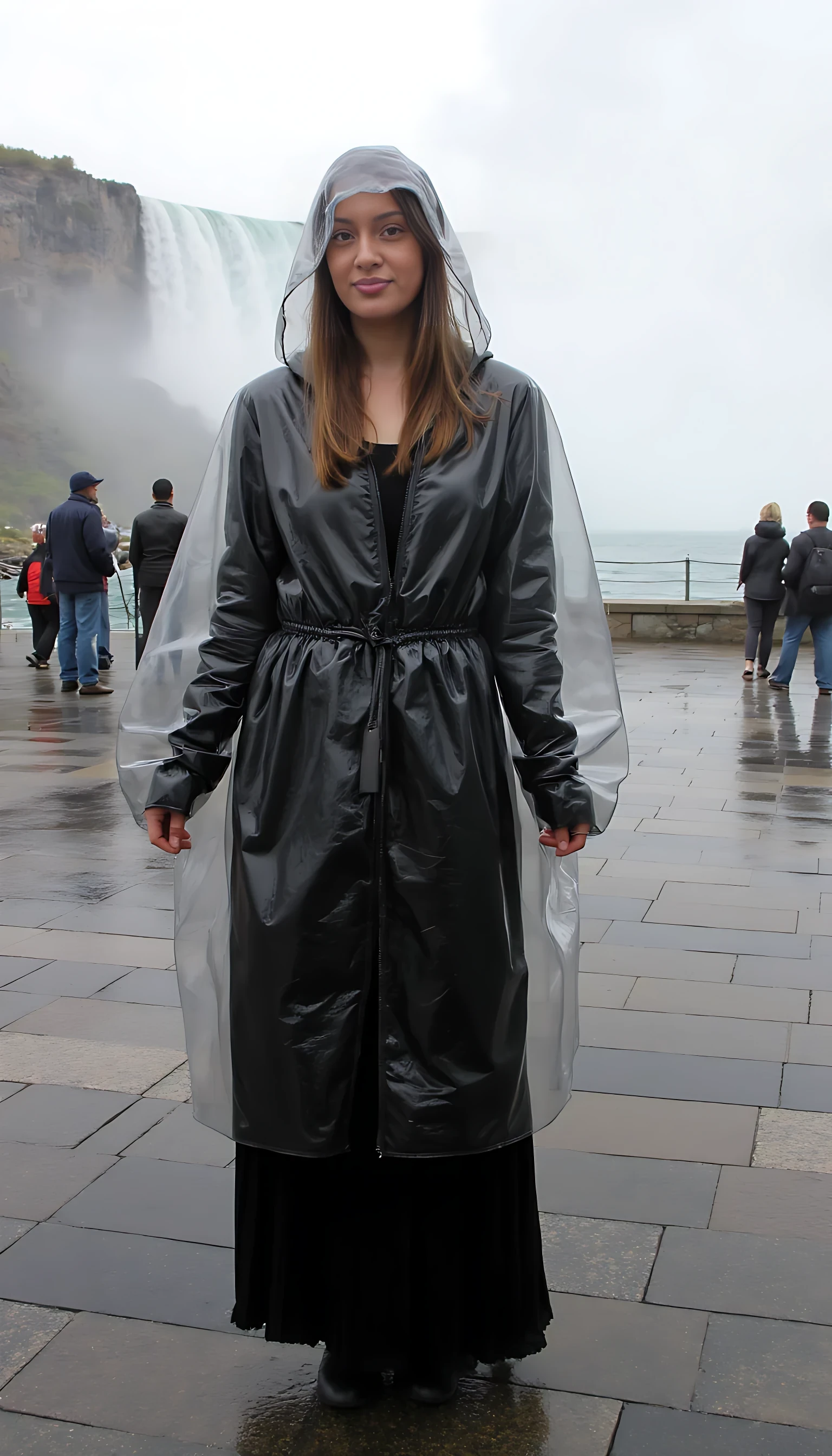 Wearing black frock. Wearing transparent plastic raincoat. At niagra falls. 