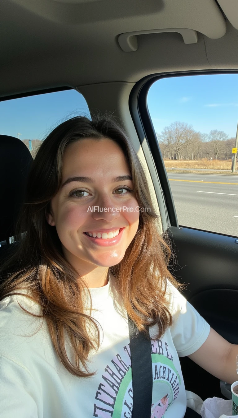 boring low quality snapchat photo circa 2015, A young woman with a warm smile, sitting in the driver's seat of a cozy car. She has soft, wavy brown hair cascading past her shoulders. The sunlight streams through the window, casting a gentle glow on her face. The interior of the car is neat and comfortable, with a coffee cup in the cup holder and a small plant on the dashboard. The background outside the window shows a scenic road lined with trees and blue skies