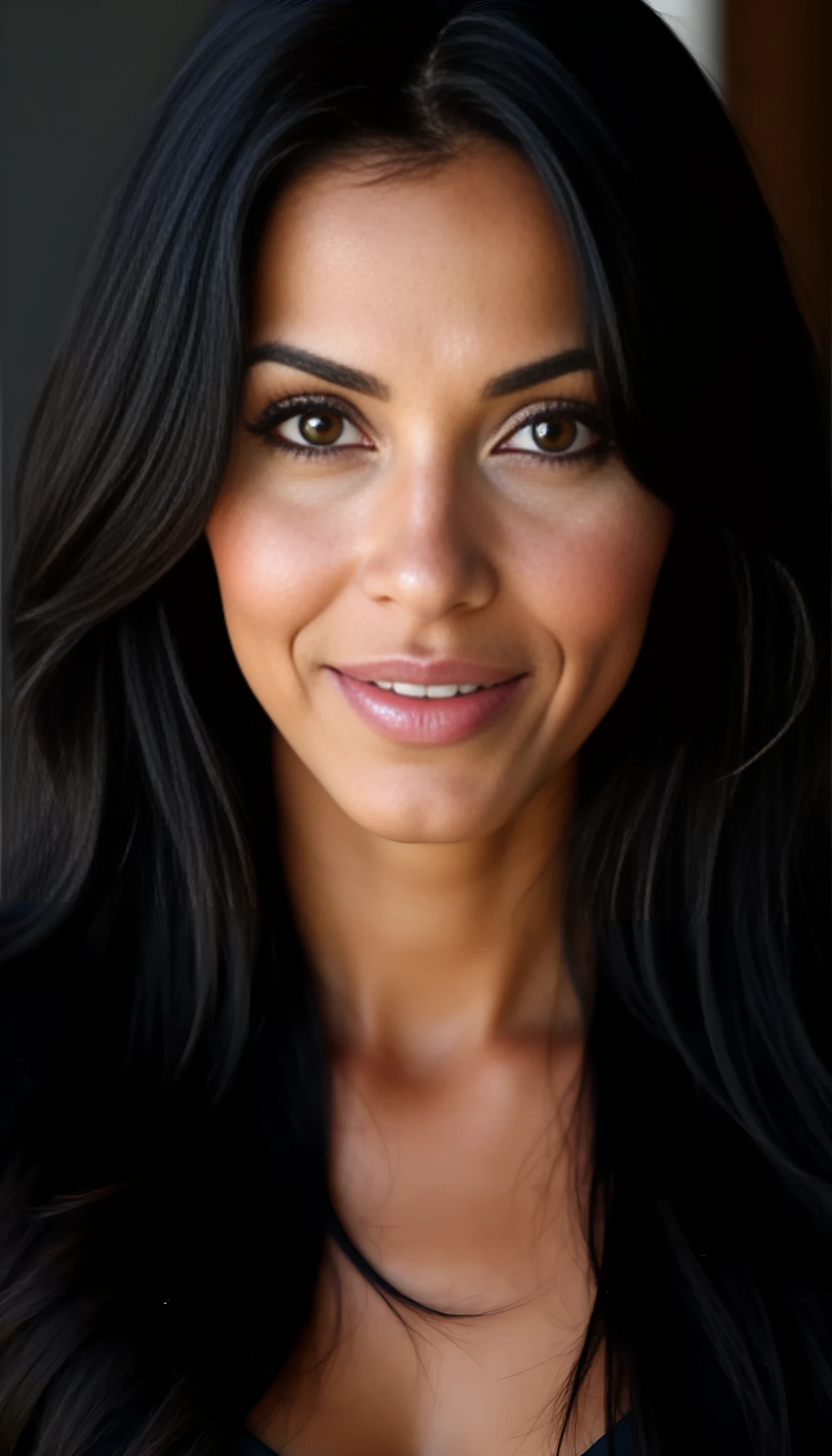 A portrait photo of a beautiful 43 years old model, mixed ethnicity of half white American half Brazilian, with jet black hair, deep brown eyes, ultra detailed eyes with sharp iris reflections, slight smile, studio-quality, extremely realistic HD