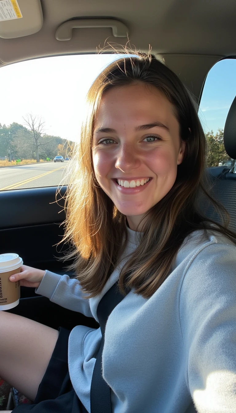 boring low quality snapchat photo circa 2015, A young woman with a warm smile, sitting in the driver's seat of a cozy car. She has soft, wavy brown hair cascading past her shoulders. The sunlight streams through the window, casting a gentle glow on her face. The interior of the car is neat and comfortable, with a coffee cup in the cup holder and a small plant on the dashboard. The background outside the window shows a scenic road lined with trees and blue skies