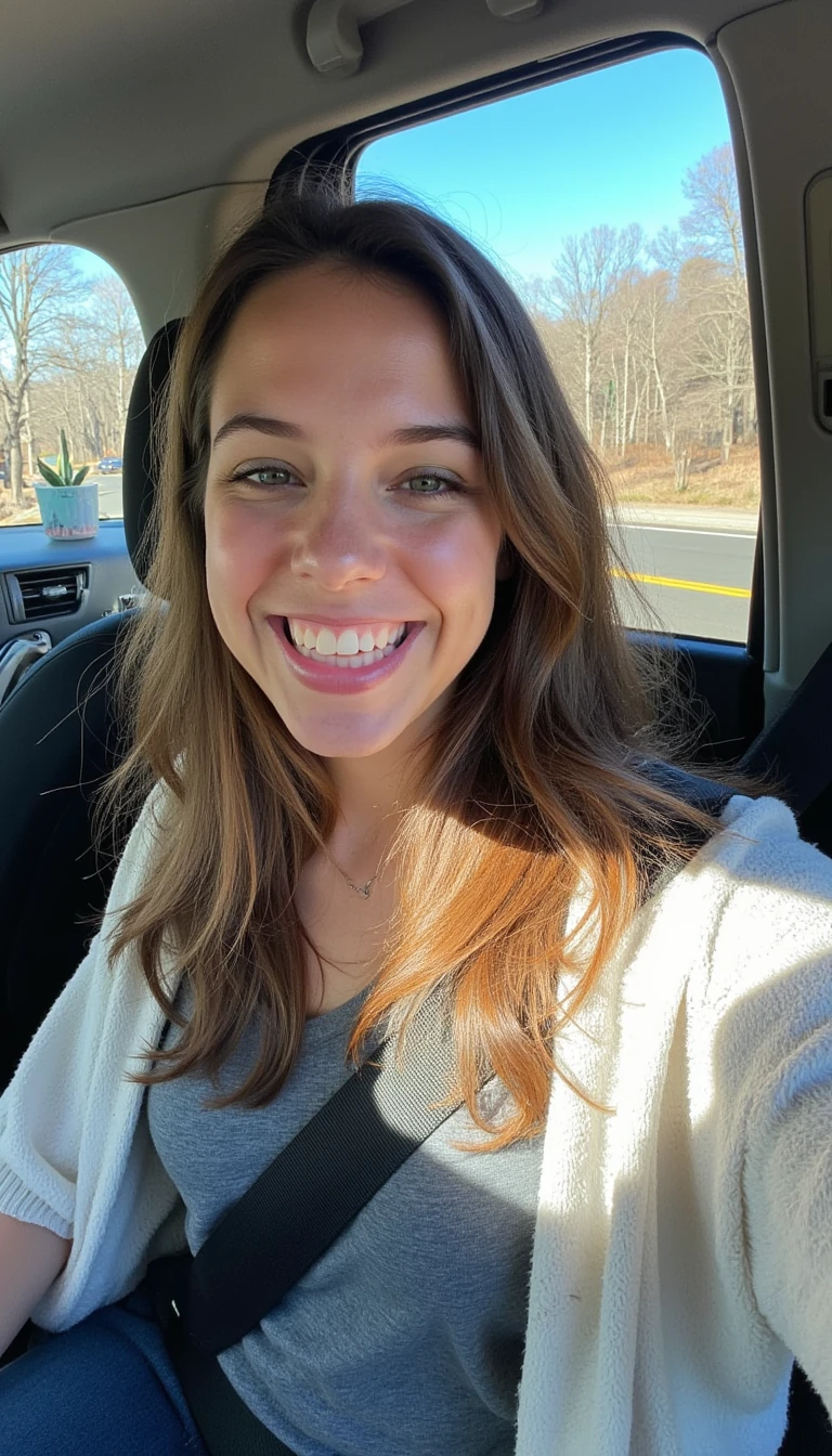 boring low quality snapchat photo circa 2015, A young woman with a warm smile, sitting in the driver's seat of a cozy car. She has soft, wavy brown hair cascading past her shoulders. The sunlight streams through the window, casting a gentle glow on her face. The interior of the car is neat and comfortable, with a coffee cup in the cup holder and a small plant on the dashboard. The background outside the window shows a scenic road lined with trees and blue skies