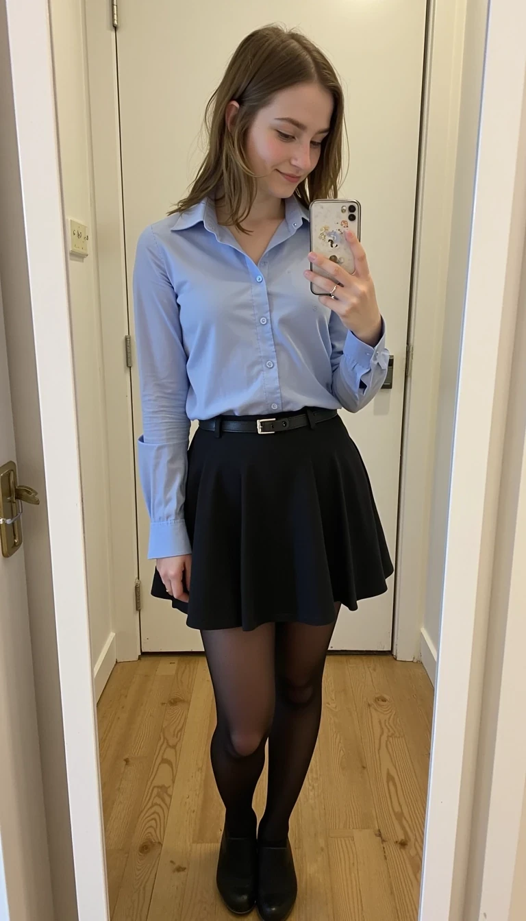 loli cstmdl cute mirror selfie low quality, wearing cornflower blue button down school shirt, black school skirt and black tights