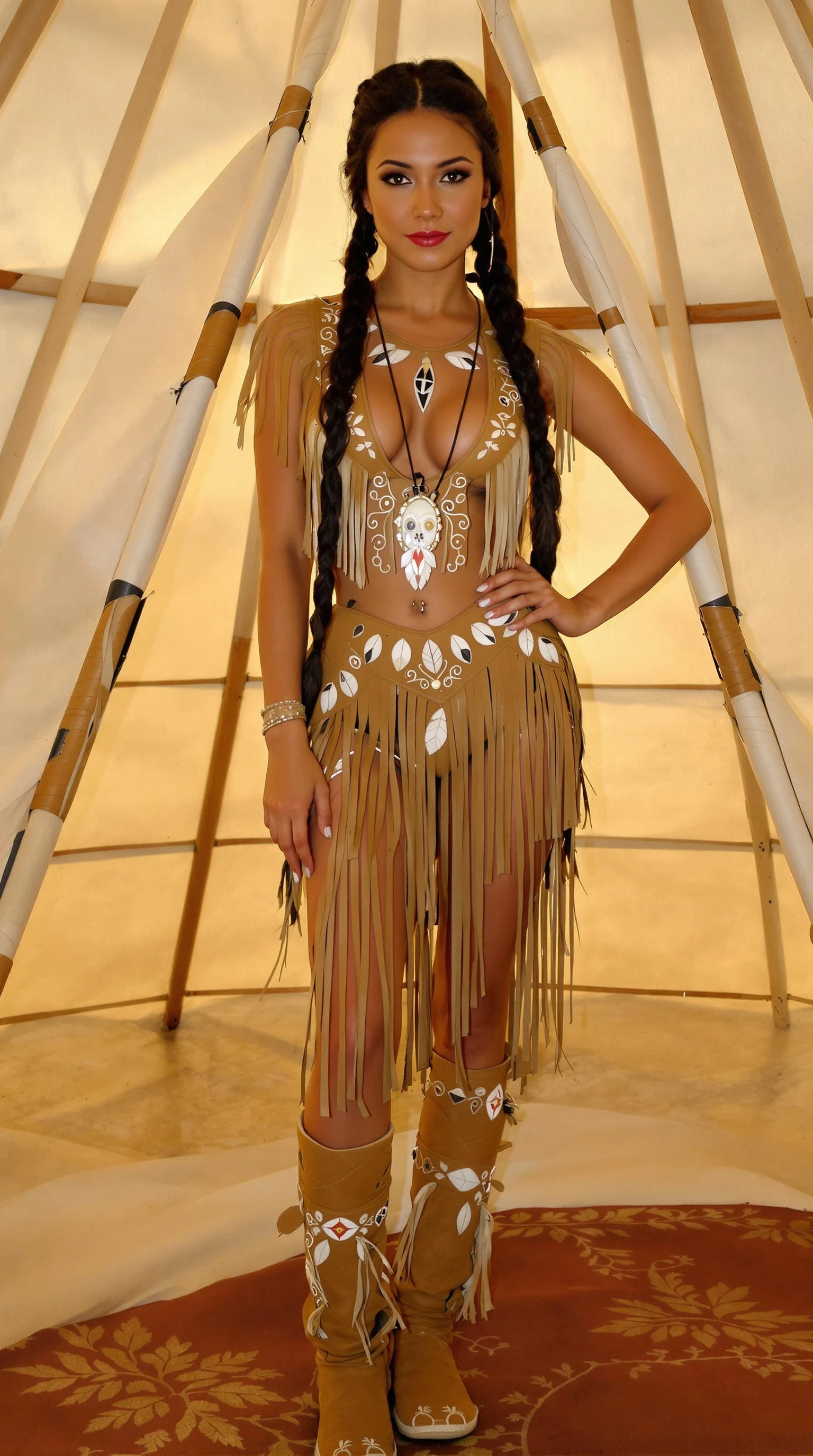 A photograph of a 25-year-old native American woman with long dark braided hair, wearing a sexy tan leather fringed outfit with traditional quillwork on it and knee-high matching moccasins, posing inside of a tipi.