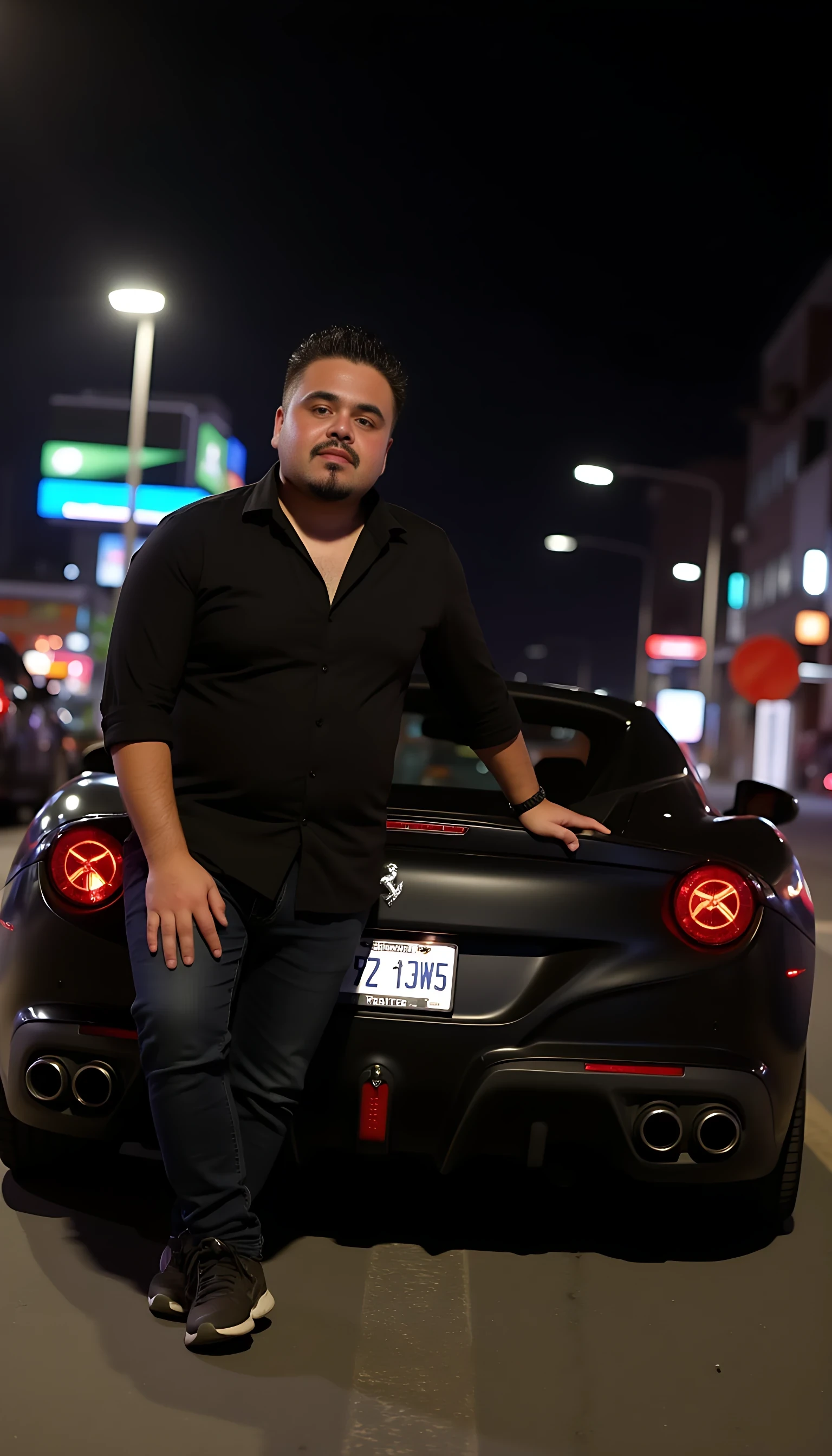 full man average body  wearing a  black dress shirt posing on a Ferrari car in a city night light background 
