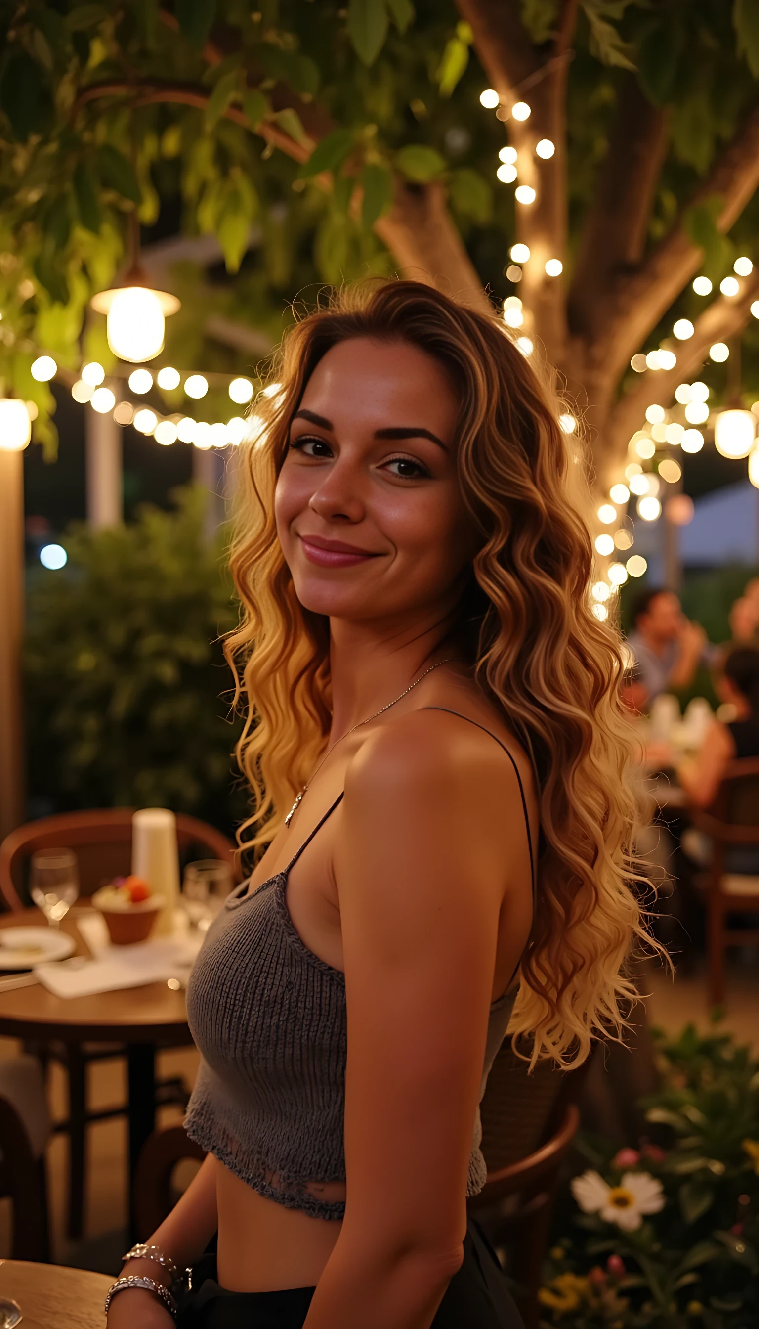 A full body shot photo of a woman standing outdoors at a cozy, warmly lit patio in the evening, with soft, glowing lights wrapped around a tree behind them creating a charming atmosphere. The image is rich in detail, with warm tones and clear textures throughout. She is smiling warmly at the camera. The setting suggests a private outdoor seating area, with greenery, and inviting vibe.  the lighting enhances the warm, intimate feel of a quiet evening The details are vivid, skin, and background elements clearly visible, while the warm lighting creates a relaxed and joyful mood