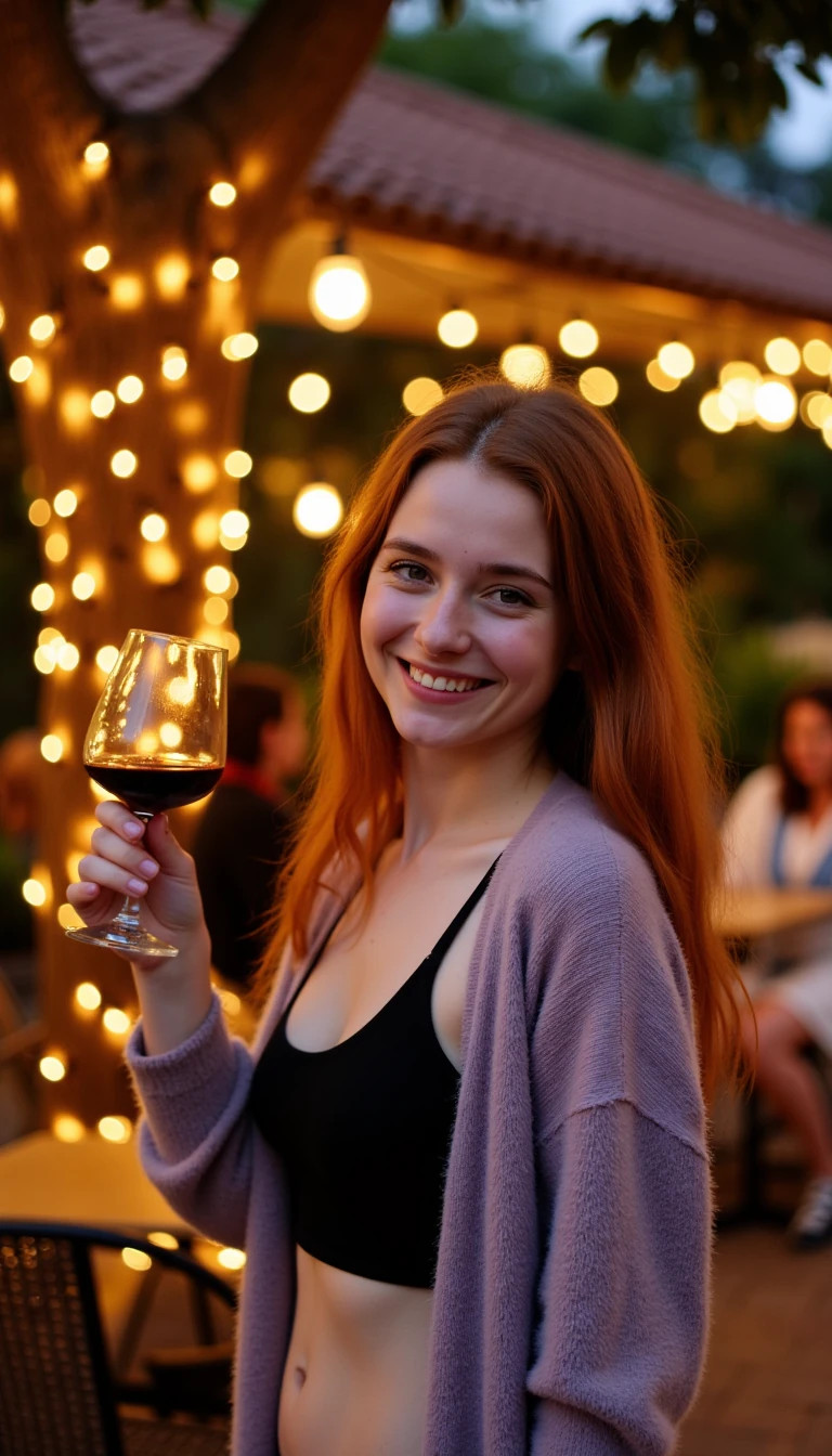 A head shot photo of a woman standing outdoors at a cozy, warmly lit patio in the evening, with soft, glowing lights wrapped around a tree behind them creating a charming atmosphere. The image is rich in detail, with warm tones and clear textures throughout. The woman has fair skin, a slim build, and long reddish-blonde hair, also worn loose. She is smiling warmly at the camera, holding a glass of red wine in her right hand, and wears a soft-textured lavender cardigan over a black top. The background features a large tree with sparkling string lights wrapped around its trunk and branches, adding a magical touch to the scene. The setting suggests a private outdoor seating area, with elements like terracotta-tiled roofing, greenery, and rattan chairs contributing to a serene, inviting vibe. The overall composition is balanced, with the woman framed against the softly glowing tree, and the lighting enhances the warm, intimate feel of a quiet evening shared among friends. The details are vivid, with textures of clothing, skin, and background elements clearly visible, while the warm lighting creates a relaxed and joyful mood