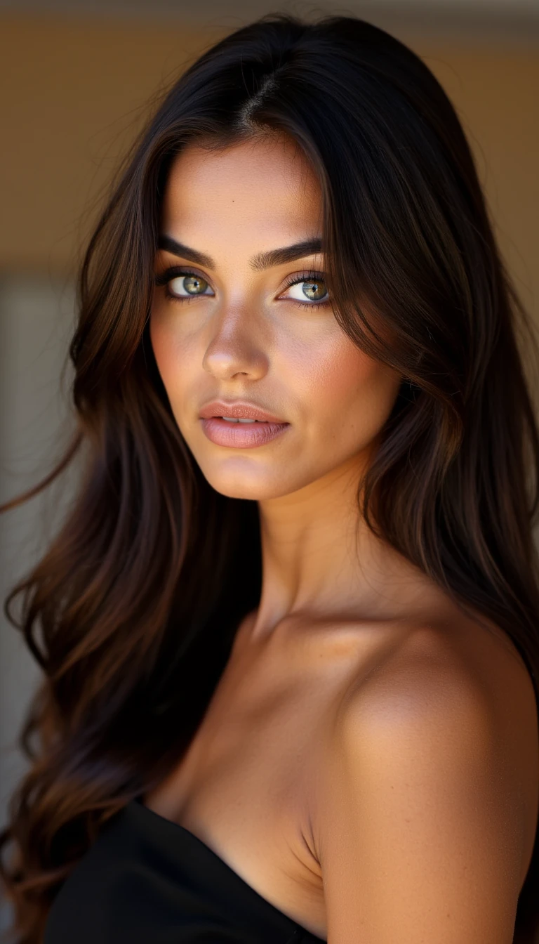 A stunning 22-year-old brunette woman with long, silky dark brown hair, piercing blue eyes, and perfectly done eyelashes. She has a flawless makeup look with subtle contouring, a soft glow tan, and a dewy finish. Her lips are slightly glossy, and her expression is calm and confident. The lighting is soft and flattering, creating a dreamy, editorial-style portrait. The background is minimal and blurred, with warm tones that enhance her natural beauty. Fashion-forward, modern aesthetic with a classy, elegant vibe.