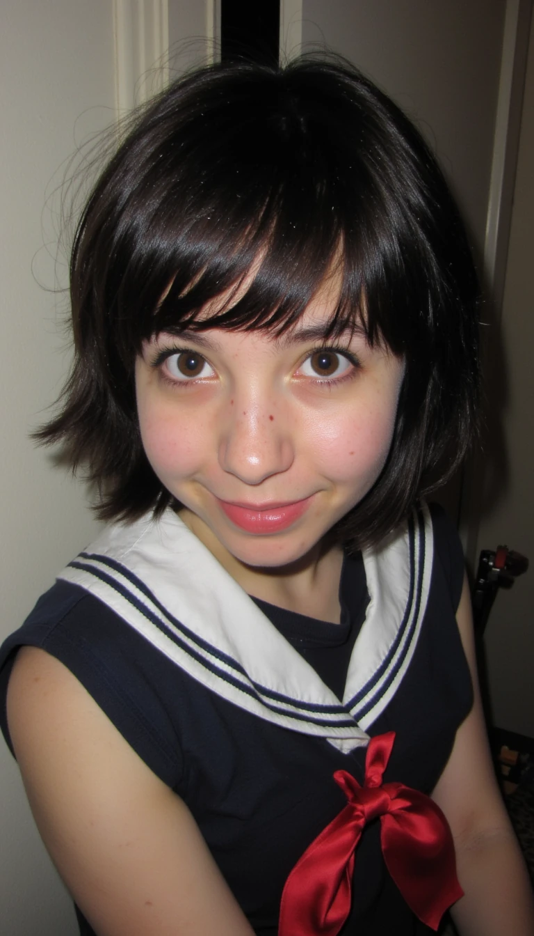 boring low quality snapchat photo circa 2015, cute woman, dark short hair, freckles, pale skin. In a dorm room wearing a school girl outfit 