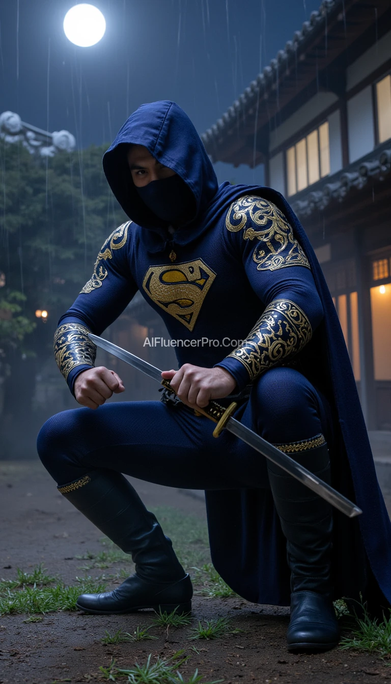 Superman in a ninja appearance, wearing a dark blue costume with intricate golden embroidery inspired by Japanese designs on the arms and chest, featuring his iconic 'S' emblem prominently displayed on the chest in gold. His cape seamlessly integrated into the costume, designed for stealth. Superman is crouched low in a dynamic battle-ready stance, one knee bent deeply while the other leg stretches back for balance. One hand tightly grips a katana sword positioned diagonally, ready to strike, while the other forms a defensive clenched fist. His sharp, focused gaze reflects determination. The background features a traditional Japanese village at night with a full moon glowing brightly and thin mist weaving through the scene, adding an air of mystery and intensity.
