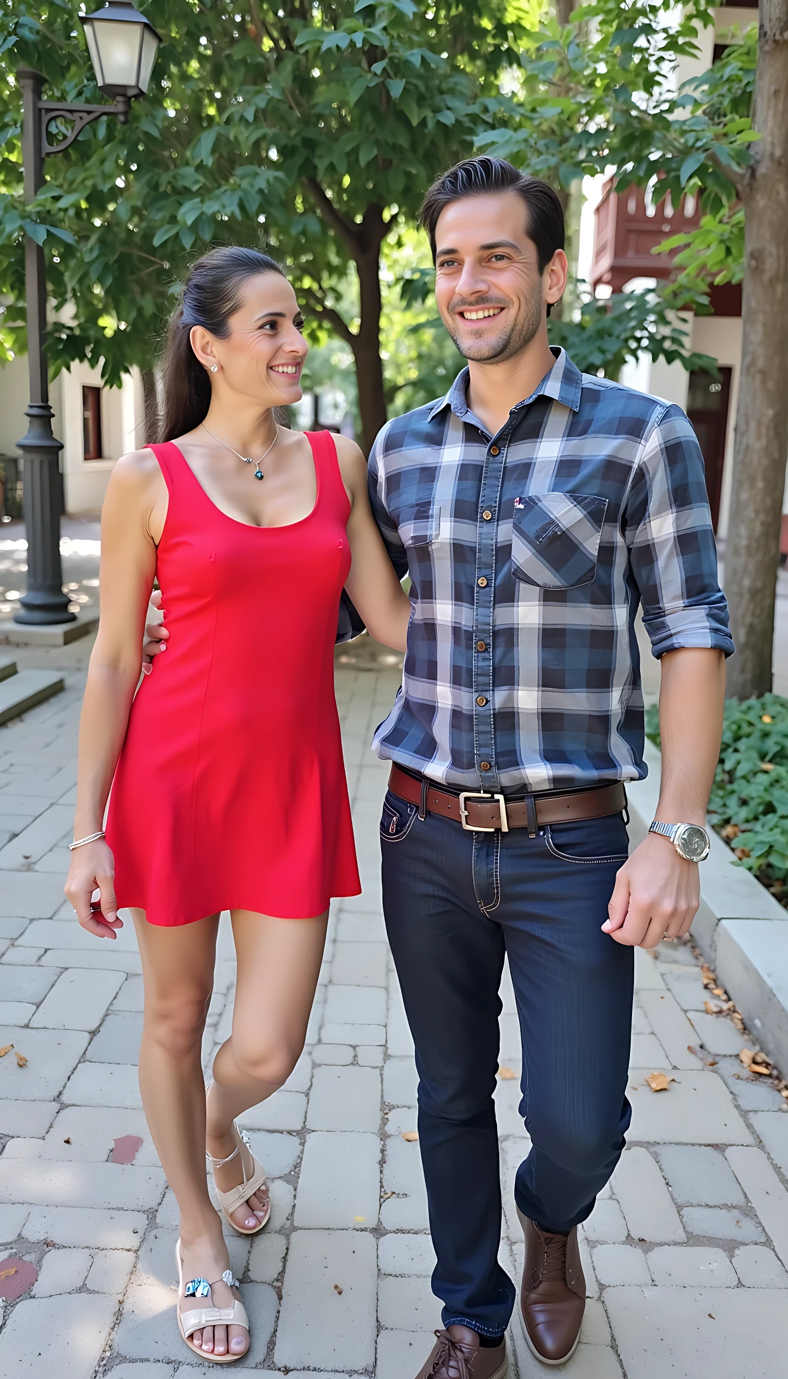 photo of brunette woman CSTMDL, boring low quality photo circa 1960, red short dress, walking on street of istambul with young handsome man, happy face