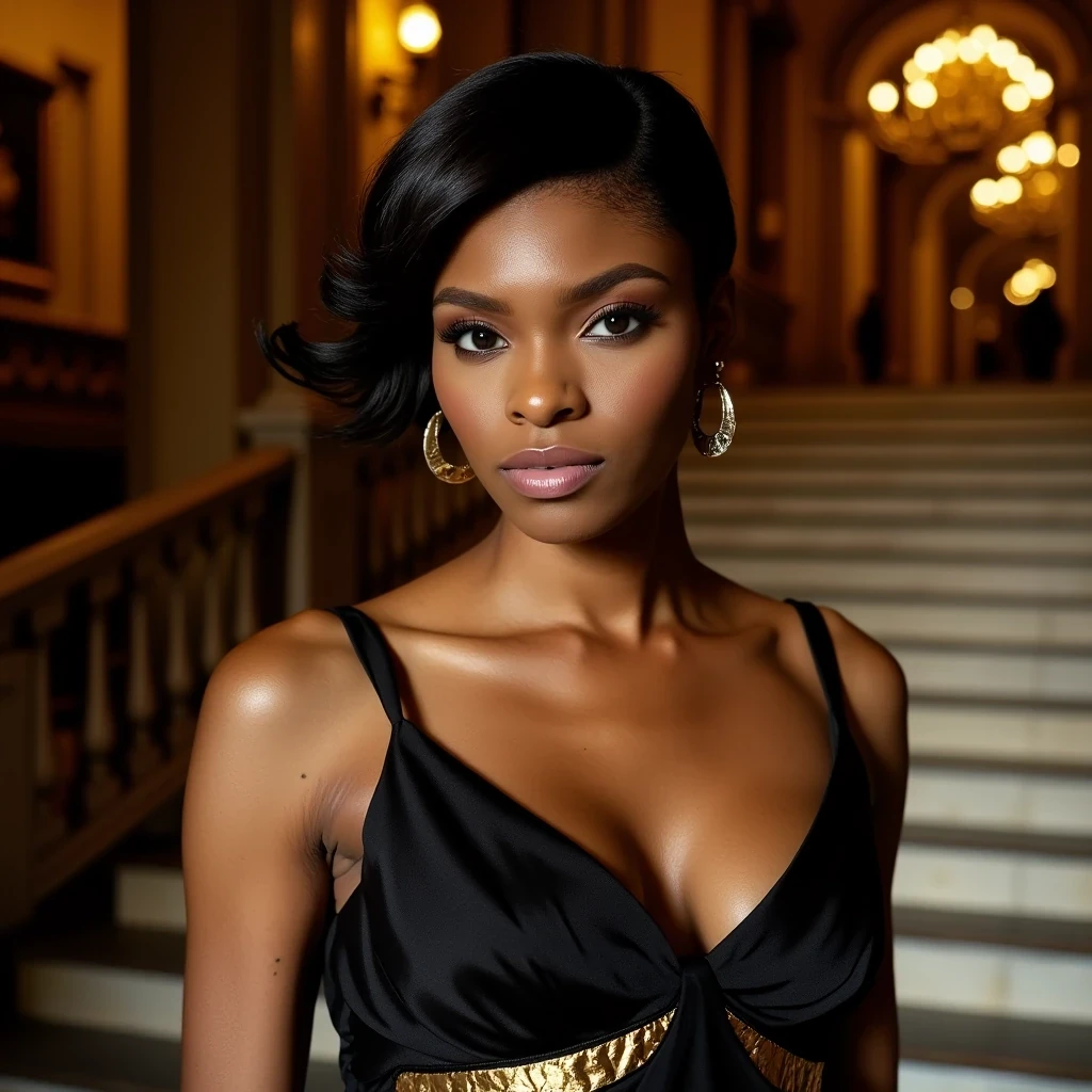 British Fashion Awards Statement
Shot on Hasselblad X2D, 80mm f/2.8, ISO 100, 1/200 sec. Model in Alexander McQueen black structural gown with gold bodice detail. Light olive brown skin expertly lit to show natural radiance while maintaining editorial edge. Key light through 72" Para creating museum-quality lighting. Charlotte Tilbury red carpet makeup allowing skin's natural undertones to shine. Royal Albert Hall's grand staircase as backdrop.
 CSTMDL