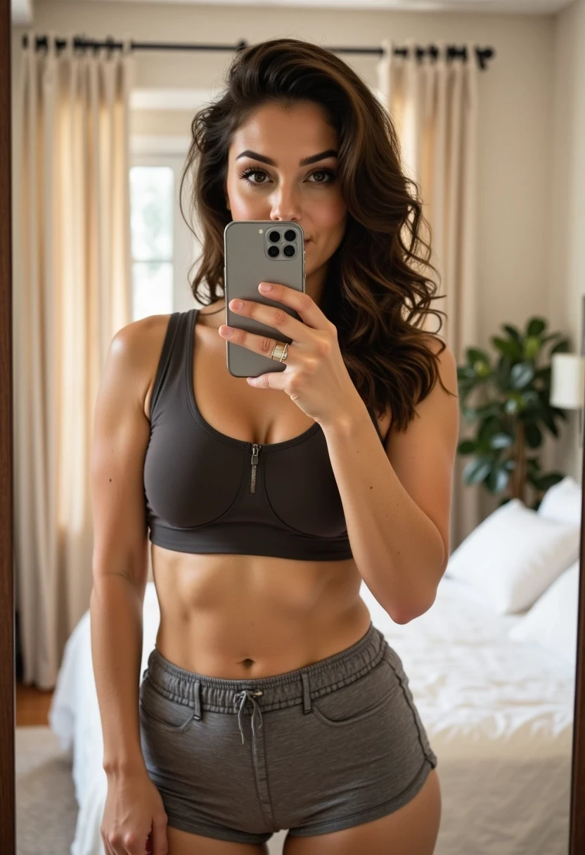 A hyperrealistic vertical image of CSTMDL, a stunning brunette woman with wavy hair and glowing tan skin, standing in her bedroom and posing in front of a full-length mirror. She is holding an iPhone in one hand, angled naturally for a mirror selfie. Outfit: casual but flirty — fitted crop top and high-waisted shorts. She looks at the phone screen while giving a playful half-smile, lips slightly parted, as if caught mid-selfie. Lighting: soft, natural daylight filtering through bedroom curtains, creating a cozy vibe. Background: blurred details of a neatly styled bedroom (bed with white sheets, soft lighting, maybe a plant). The mood is personal, flirty, and casual — like a glimpse into her private world.
	•	Camera framing: POV through the mirror reflection (viewer sees her full body + phone in hand).
	•	Style: Influencer iPhone selfie aesthetic, cinematic realism, portrait.
	•	Mood: Intimate & playful — “you’re getting the private story content.”