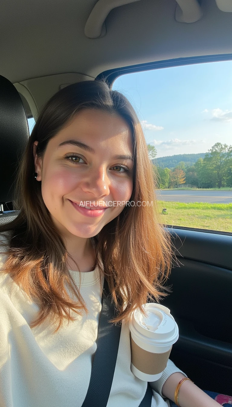 boring low quality snapchat photo circa 2015, A young woman with a warm smile, sitting in the driver's seat of a cozy car. She has soft, wavy brown hair cascading past her shoulders. The sunlight streams through the window, casting a gentle glow on her face. The interior of the car is neat and comfortable, with a coffee cup in the cup holder and a small plant on the dashboard. The background outside the window shows a scenic road lined with trees and blue skies