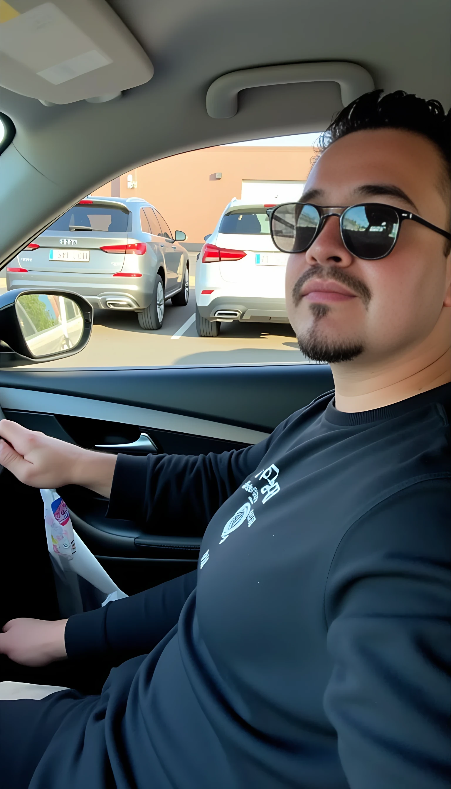 Man full average body driving a luxury car 