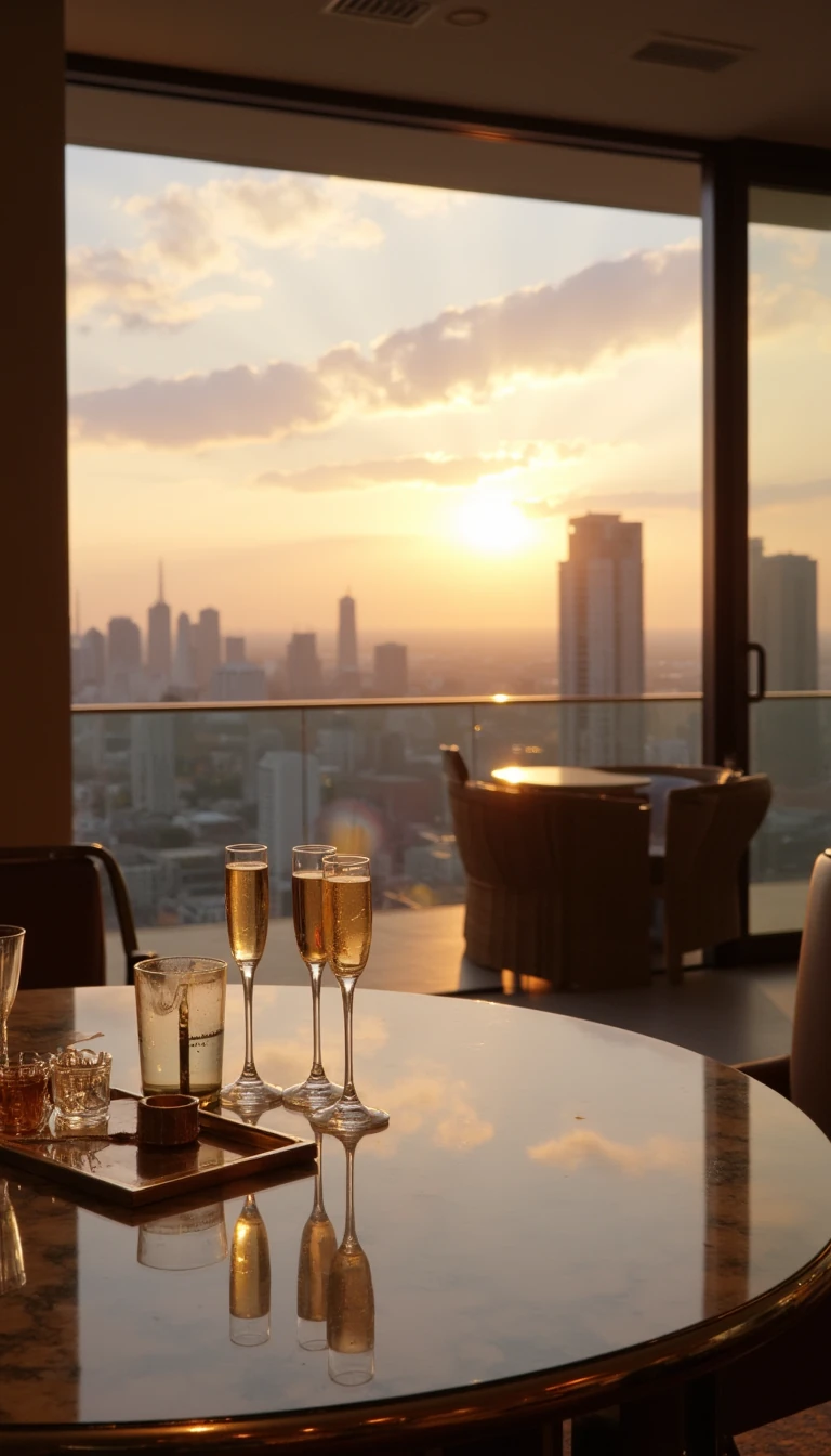 boring low quality around 2015 photo snapchat type,  high-end luxury scene, golden hour lighting, warm tones, depth of field,  soft shadows, luxury interior design with marble, gold accents, glass details,  champagne on the table, modern penthouse view of a city skyline,   