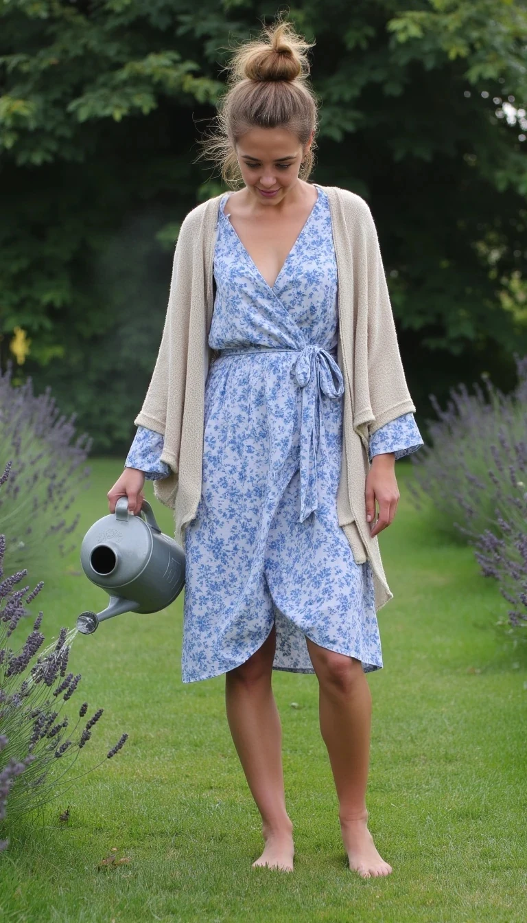 

---

Prompt 2 – Full-body (clothed)

“Full-length early morning photo of the same woman standing barefoot in a dewy backyard garden. She wears a flowing knee-length floral wrap dress in soft blue and white, a cozy beige shawl draped loosely over her shoulders. Her hair is in a messy bun, a few strands falling loose. In her left hand she holds a watering can, mid-action, as she tends to a patch of lavender. The light is cool and crisp, with faint mist rising from the grass. Natural skin tones, gentle textures, serene and grounded vibe.”

es geht um saskia sommer
