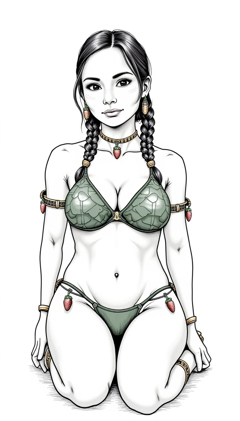 Handdrawn black and white ink line art of CSTMDL ... a 25-year-old native American woman. The woman who is Native American in appearance has light tan skin tone, she is 5 foot 8 inches tall, small breasts, flat chest, her nipples are small petite and dark skinned with long hard pointy nipple ducts that visiblly poke through her bra. She is wearing her hair in a native American style with 2 long braids. She is wearing real strawberry earrings. She is wearing a wide leather choker with a strawberry hanging from it. She is wearing a top that consists of two real snapping turtle shells shaped like turtle shells with a defined rigid esthetic exterior on the surface in a dark green palette, a turtle shell fitted over each breast, they only cover her nipples, her turtle shells are strung together only in the middle of her chest there are no strings on her shoulders to turn them both into a bra. They look rigid and tough. They are real turtle shells. There are real vines with strawberries hanging from outfit real vines with strawberries on them. The woman has vines and strawberries wrapped loosely around each arm. She is kneeling posing seductively on the ground with legs spread apart towards the camera. She is maintaining intense eye contact with the camera staring stoically without any other expression at all. The composition captures a casual, candid moment, romantic setting, Hyper realism, captured with a nikon d850, 16k, uhd, ultra-sharp focus, depth of field, perfect meshes and textures, highly detailed, highly accurate reflections, volumetric fog, volumetric lighting, volumetric light, hdr, ray tracing, cinematic shooting style,