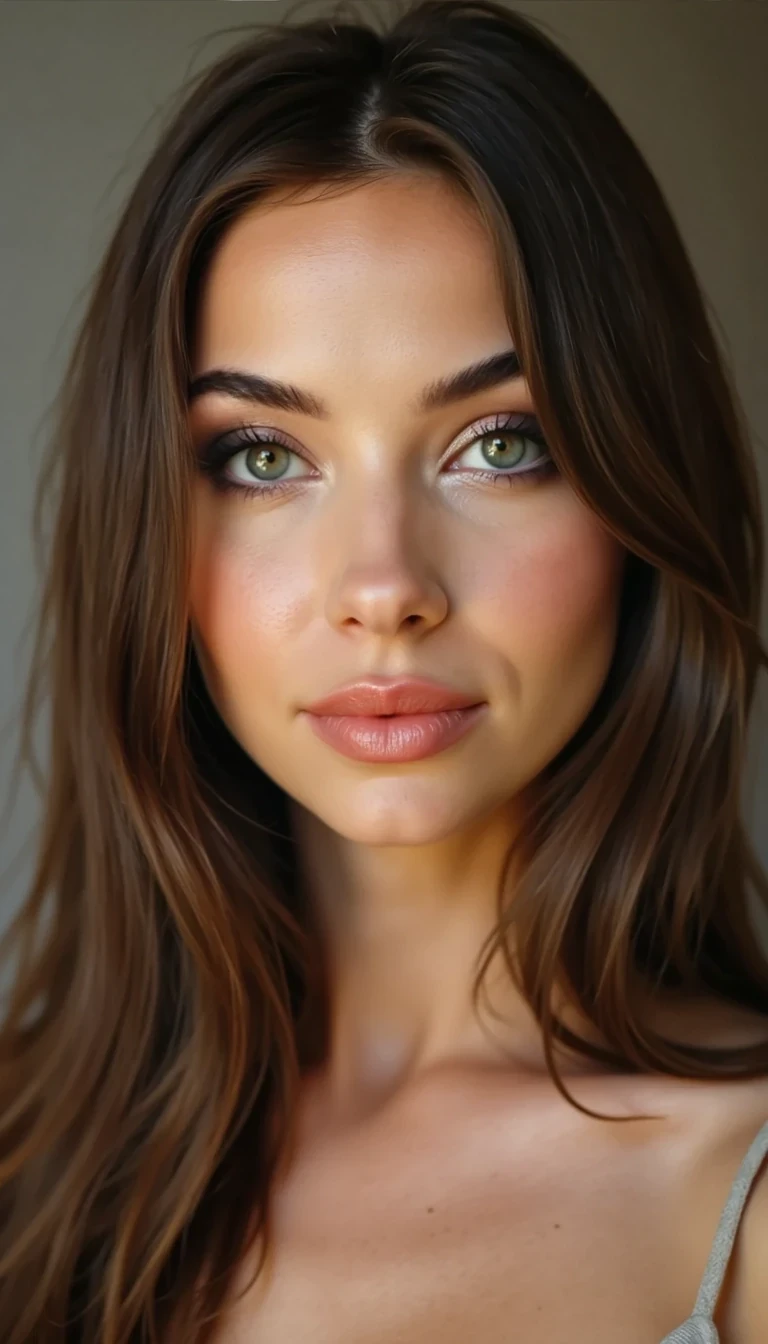 iphone portrait of CSTMDL woman houlders portrait of a young woman with green eyes, long flowing hair, soft feminine features, and flawless skin. She wears subtle makeup that emphasizes her eyes and lips, and her expression is confident, mysterious, and slightly playful, looking directly at the camera. The background should be simple, soft, and blurred, ensuring all focus is on her face. Lighting should be soft, flattering, and cinematic, highlighting her facial features and hair. Include a subtle personal touch or signature element (e.g., a small rose pin or jewelry) that makes the profile instantly recognizable. The image should feel premium, Instagram-ready, and professional, suitable for a profile picture that establishes her brand and personality at a glance
