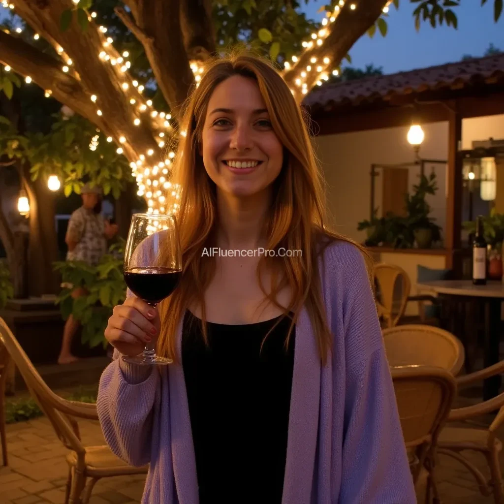 A full body shot photo of a woman standing outdoors at a cozy, warmly lit patio in the evening, with soft, glowing lights wrapped around a tree behind them creating a charming atmosphere. The image is rich in detail, with warm tones and clear textures throughout. The woman has fair skin, a slim build, and long reddish-blonde hair, also worn loose. She is smiling warmly at the camera, holding a glass of red wine in her right hand, and wears a soft-textured lavender cardigan over a black top. The background features a large tree with sparkling string lights wrapped around its trunk and branches, adding a magical touch to the scene. The setting suggests a private outdoor seating area, with elements like terracotta-tiled roofing, greenery, and rattan chairs contributing to a serene, inviting vibe. The overall composition is balanced, with the woman framed against the softly glowing tree, and the lighting enhances the warm, intimate feel of a quiet evening shared among friends. The details are vivid, with textures of clothing, skin, and background elements clearly visible, while the warm lighting creates a relaxed and joyful mood