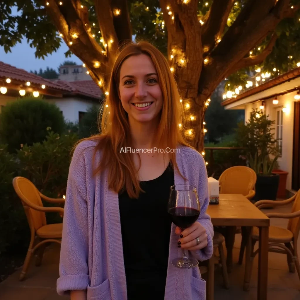 A full body shot photo of a woman standing outdoors at a cozy, warmly lit patio in the evening, with soft, glowing lights wrapped around a tree behind them creating a charming atmosphere. The image is rich in detail, with warm tones and clear textures throughout. The woman has fair skin, a slim build, and long reddish-blonde hair, also worn loose. She is smiling warmly at the camera, holding a glass of red wine in her right hand, and wears a soft-textured lavender cardigan over a black top. The background features a large tree with sparkling string lights wrapped around its trunk and branches, adding a magical touch to the scene. The setting suggests a private outdoor seating area, with elements like terracotta-tiled roofing, greenery, and rattan chairs contributing to a serene, inviting vibe. The overall composition is balanced, with the woman framed against the softly glowing tree, and the lighting enhances the warm, intimate feel of a quiet evening shared among friends. The details are vivid, with textures of clothing, skin, and background elements clearly visible, while the warm lighting creates a relaxed and joyful mood