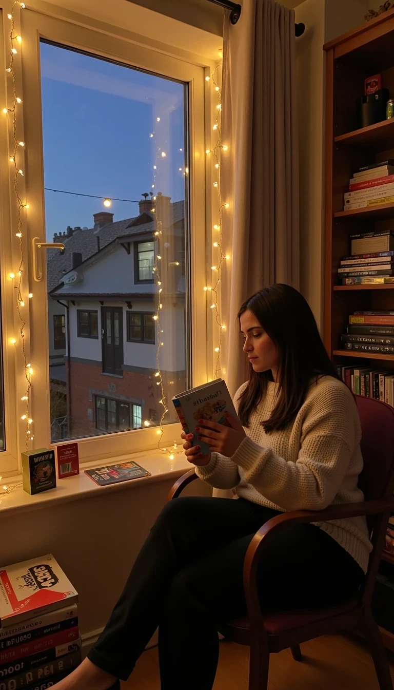 CSTMDL Nyxie 2 in a cozy reading nook, wearing an oversized sweater, sitting by a large window with fairy lights and stacks of books, holding a mug of tea while looking outside.