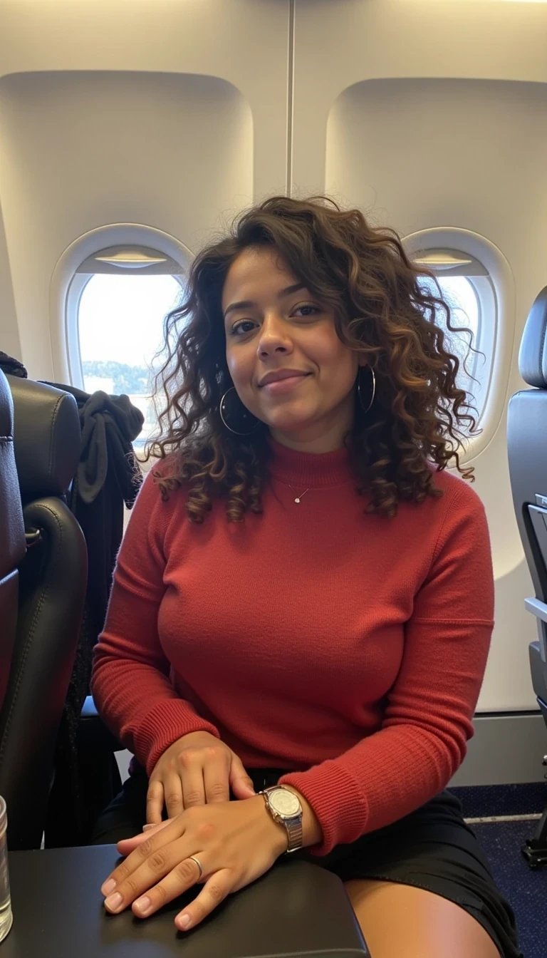 hair curly & messy sitting in a jet plane wearing a cozy outfit