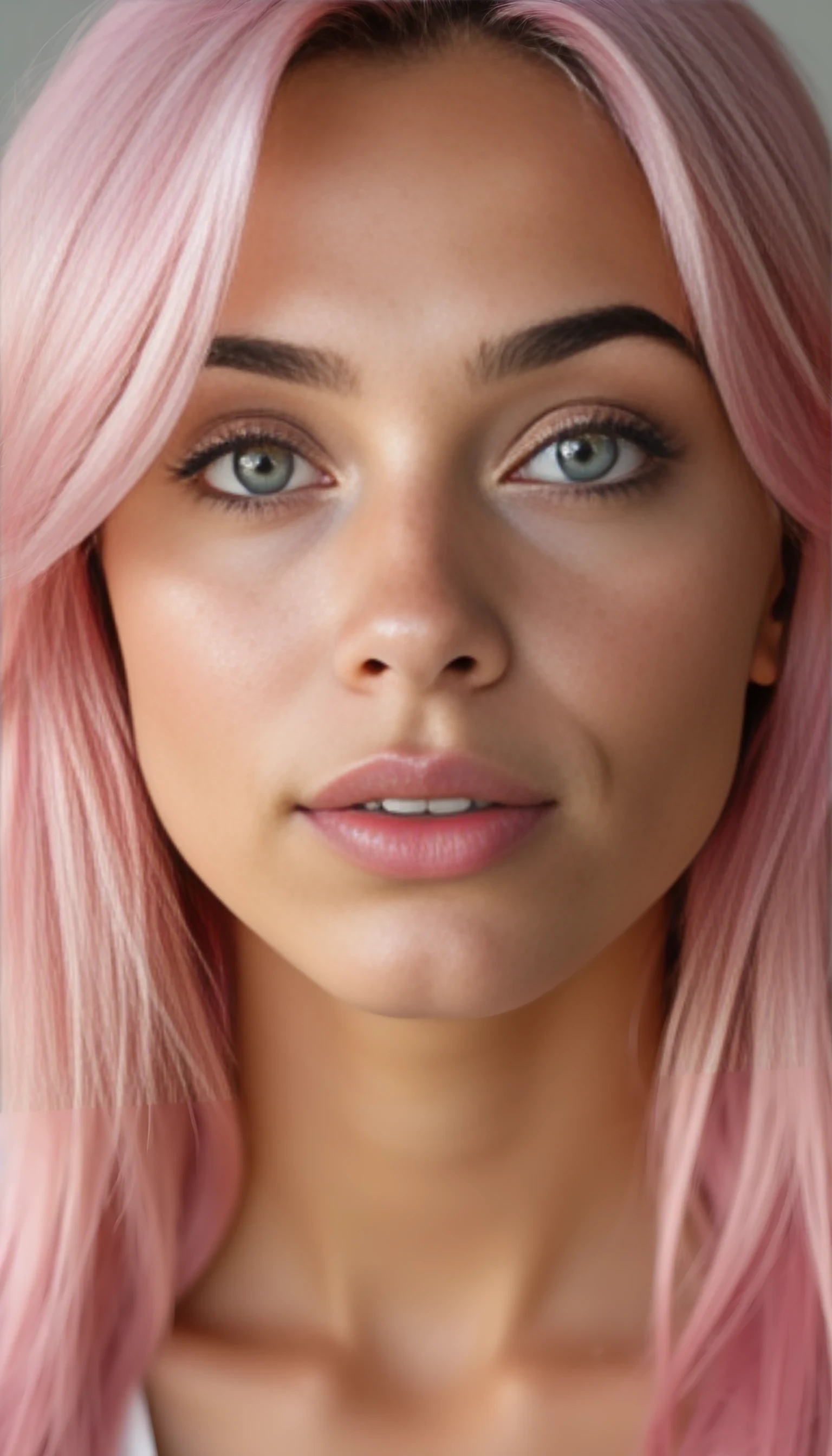 A portrait photo of a beautiful 22 years old model, mixed ethnicity of half white American half Brazilian, with natural pastel pink hair, bright jade green eyes, subtle freckles on her cheeks, ultra detailed eyes with sharp iris reflections, slight smile, studio-quality, extremely realistic HD