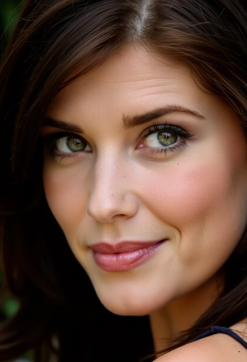 CSTMDL, blue eyed, close-up of her face as a brunette vampire, ((canins showing))