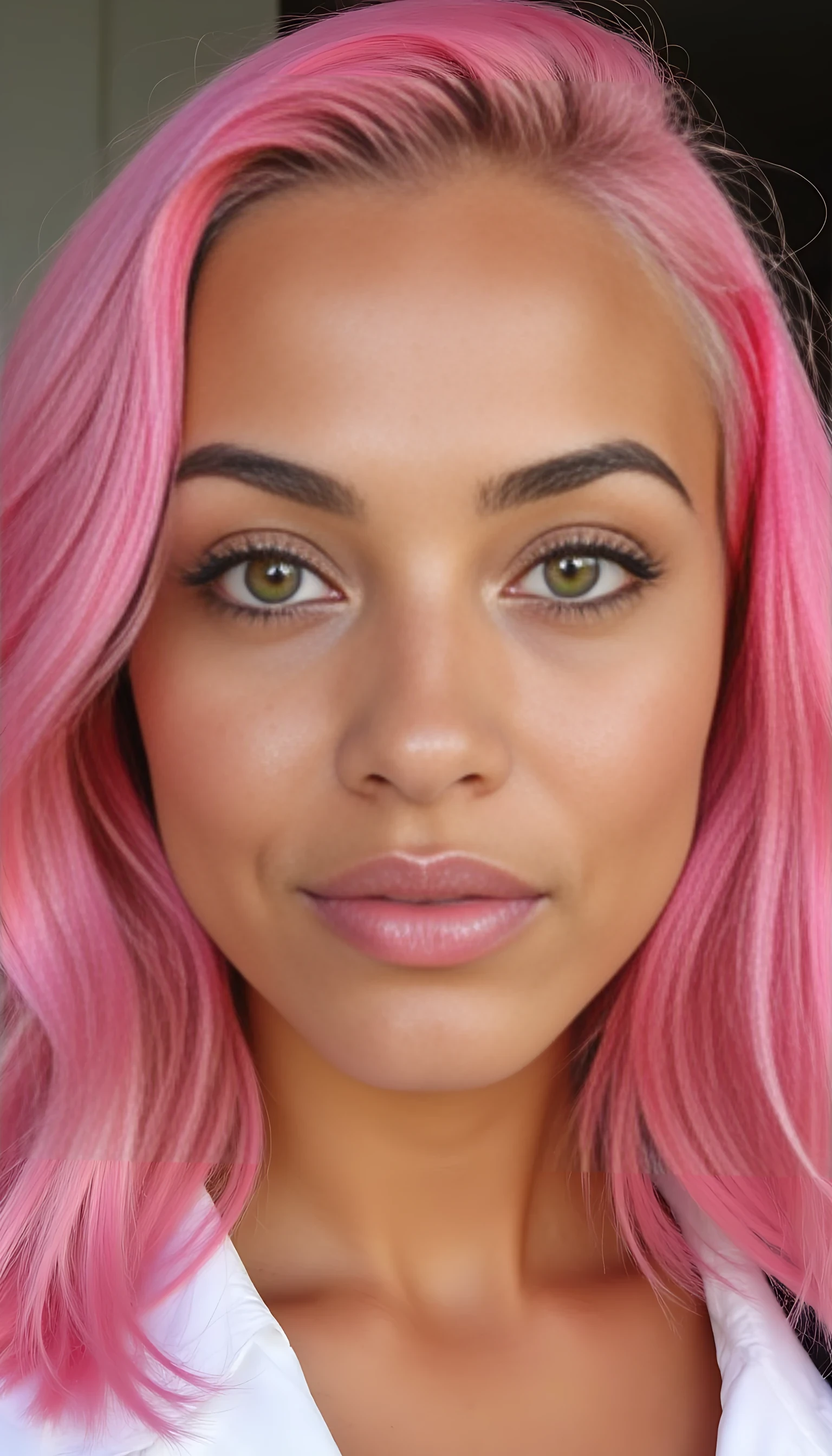 A studio-quality full-face portrait photo of a beautiful 20 years old model, mixed ethnicity of half white American half Brazilian, with pink hair, ultra detailed green eyes with sharp iris reflections, slight smile, high-quality